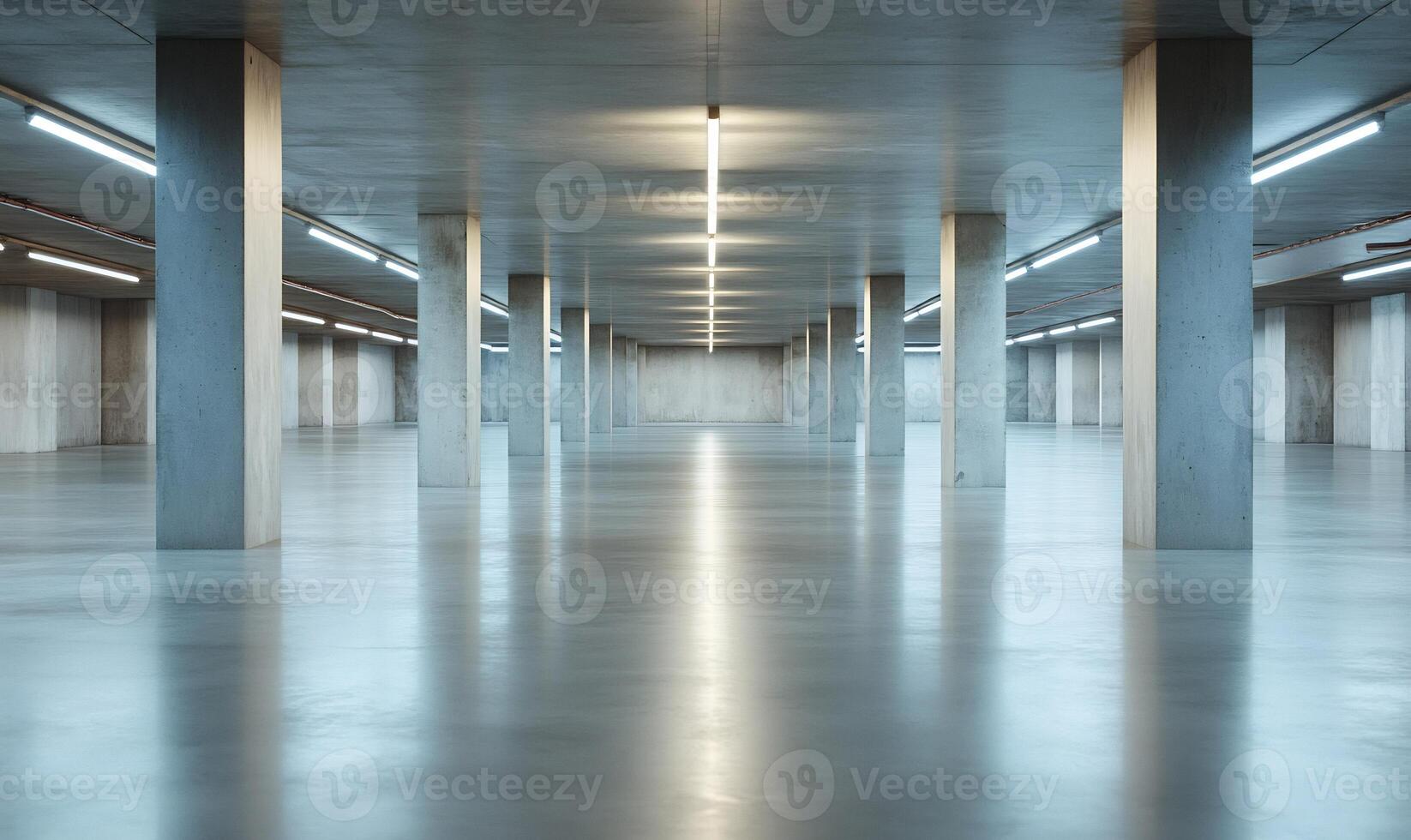 Empty modern concrete underground parking garage with fluorescent lighting. photo