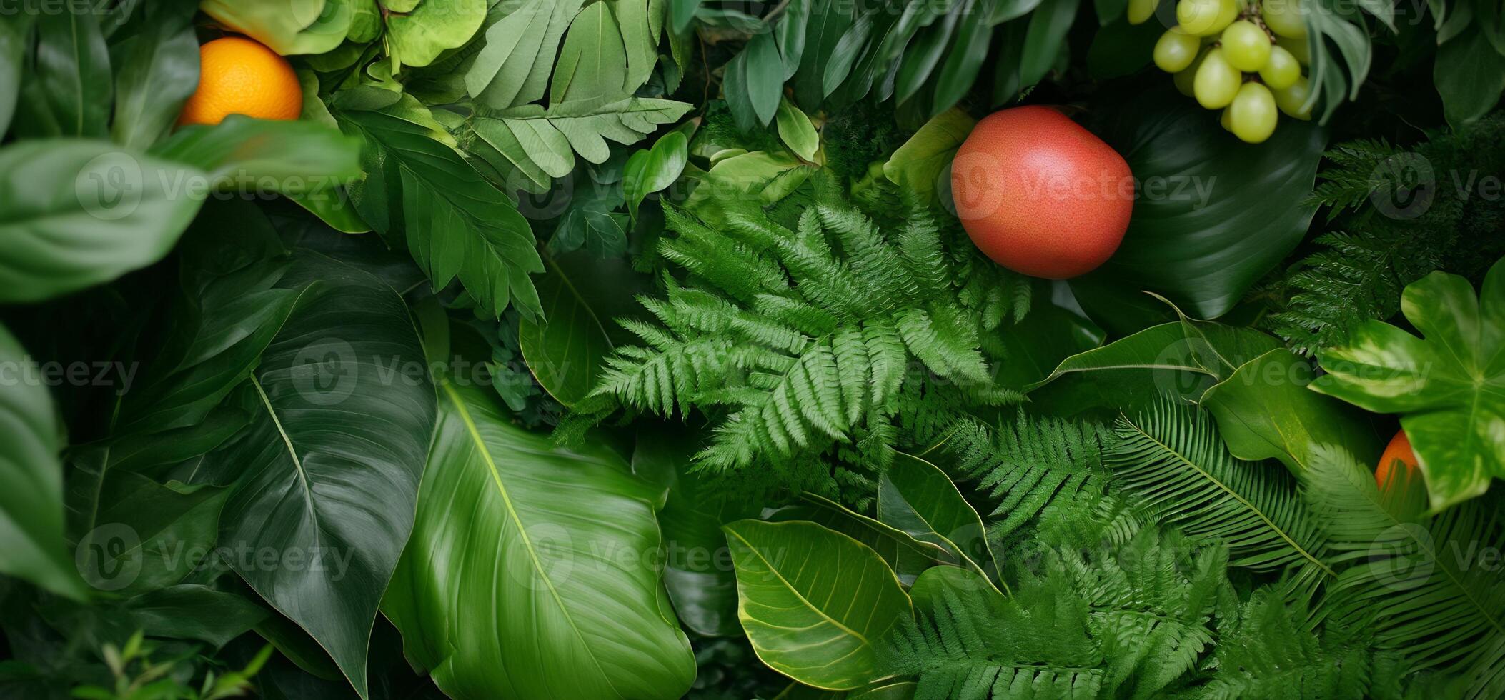 Lush green foliage with orange, red fruit, and grapes. photo