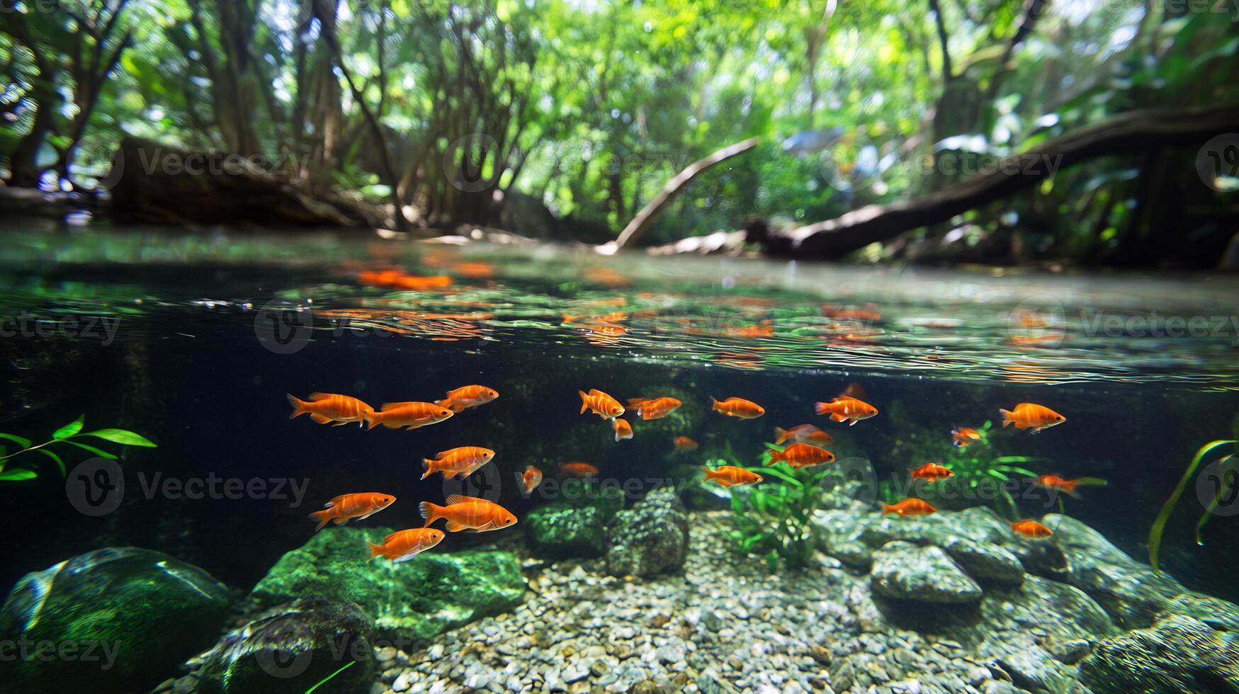 Underwater scene of orange fish swimming in a clear stream, surrounded by lush green vegetation and rocks. photo