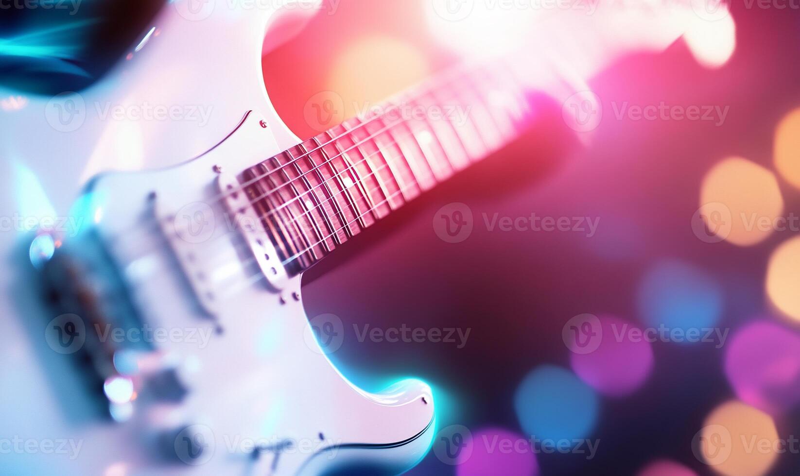 Close-up of a white electric guitar on a vibrant stage. photo