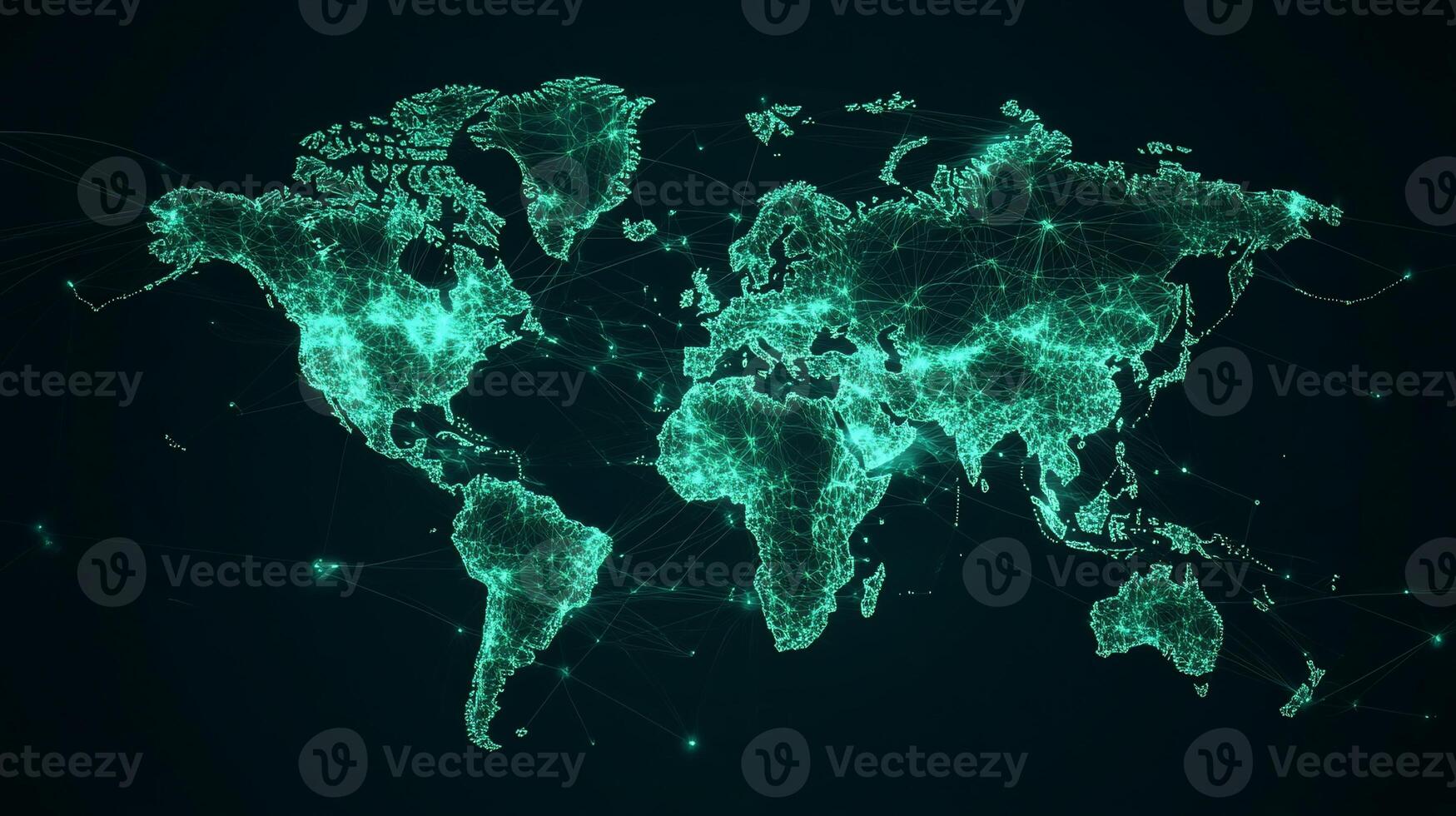 Glowing teal world map with connected nodes. photo