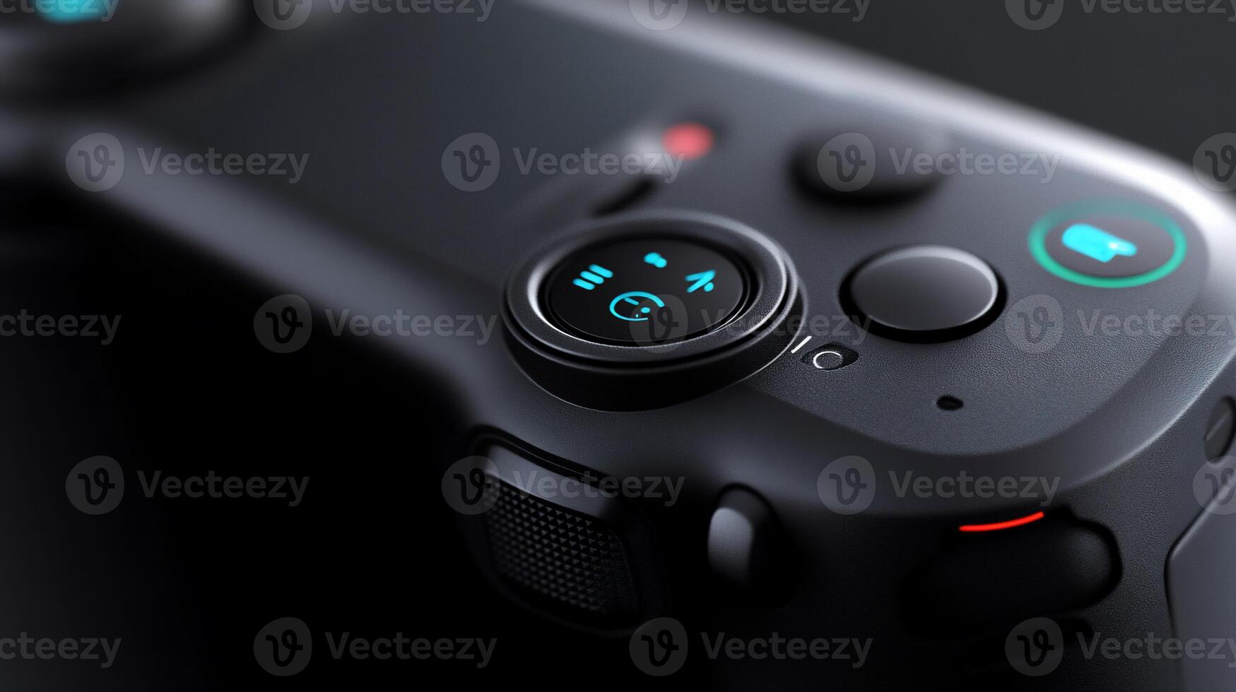 Close-up of a sleek, dark gray handheld camera controller with buttons and a directional dial. photo
