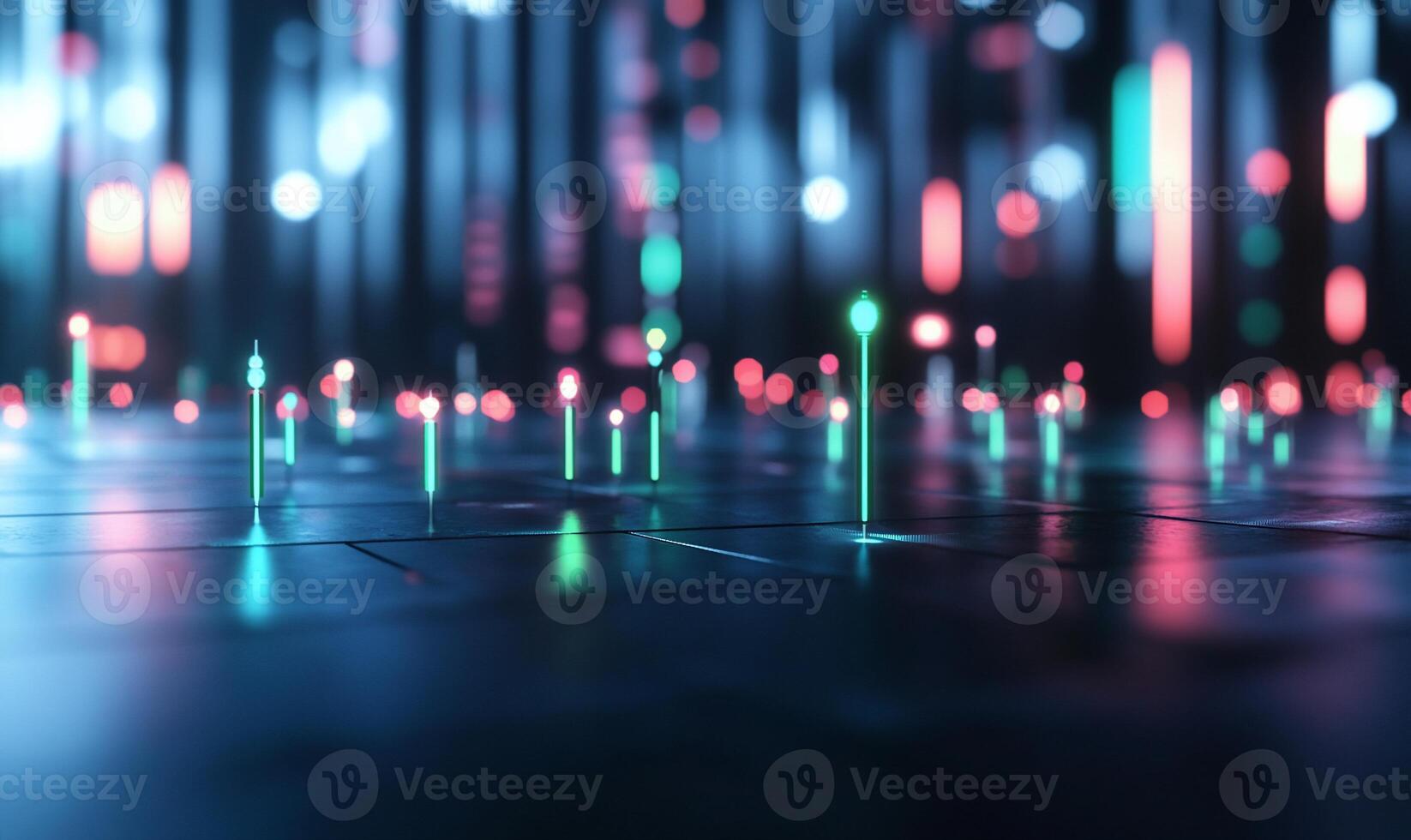 Abstract digital landscape with glowing lines and particles. photo