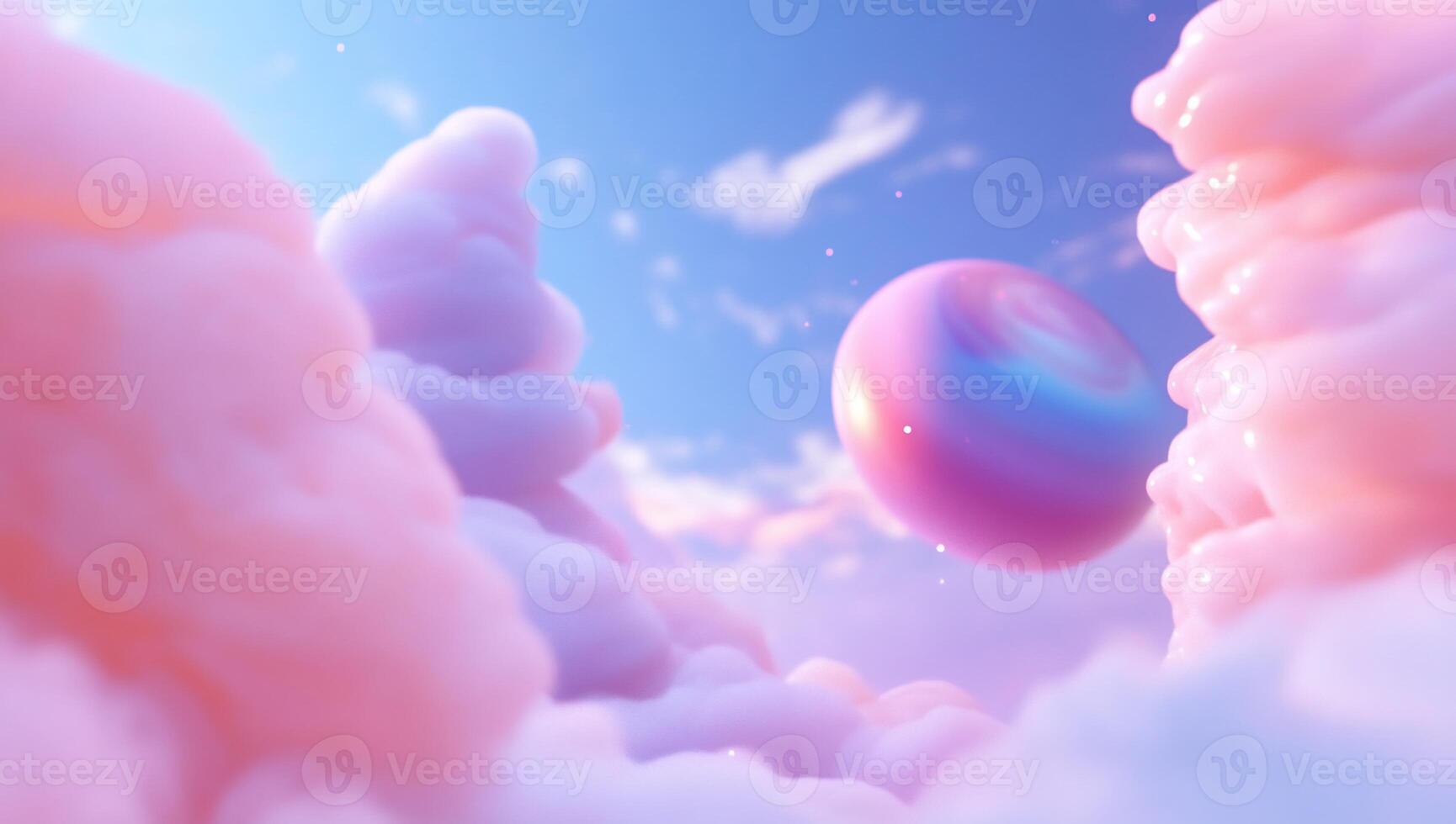 Iridescent sphere floats amidst pastel cloudscape. photo