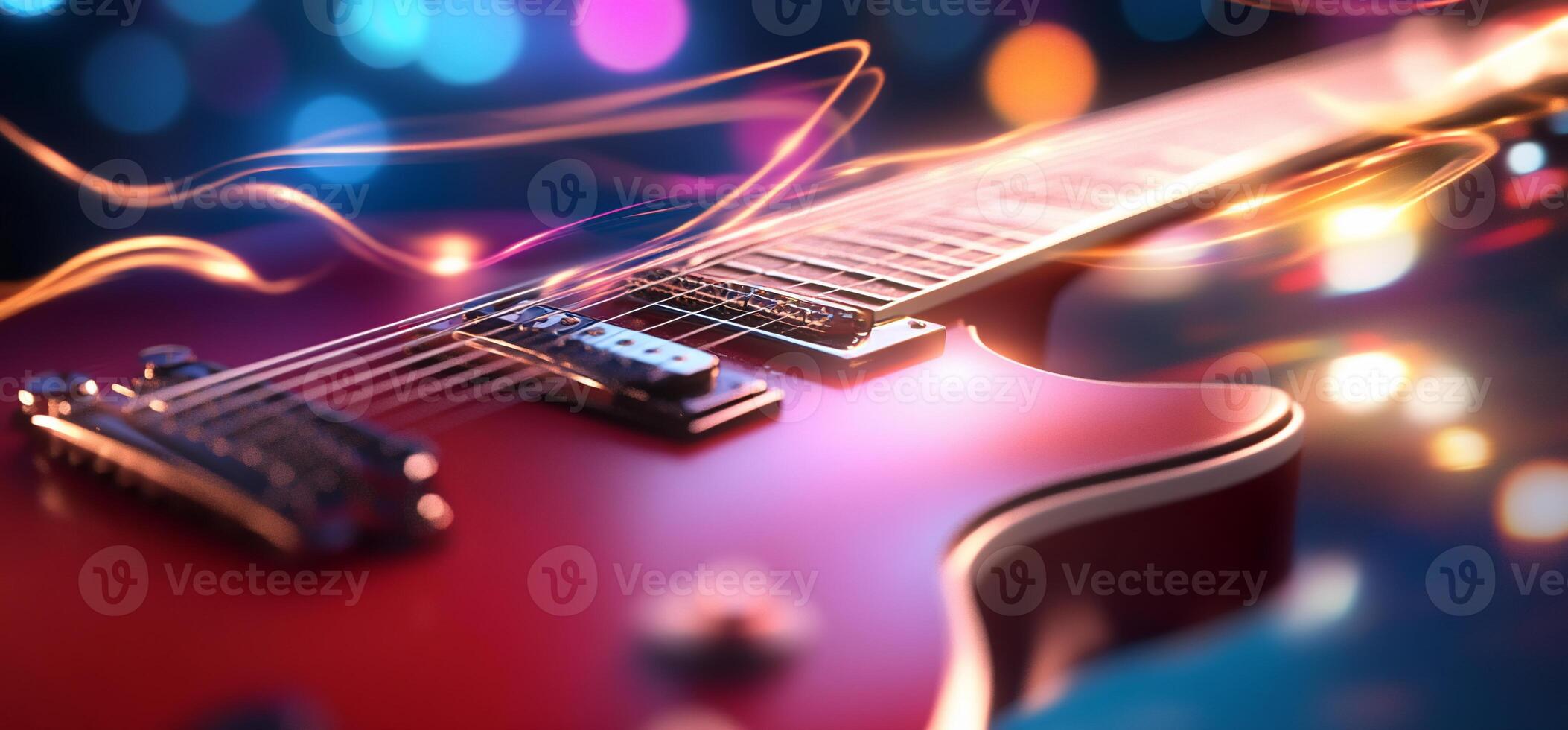 Red electric guitar with colorful lights. photo