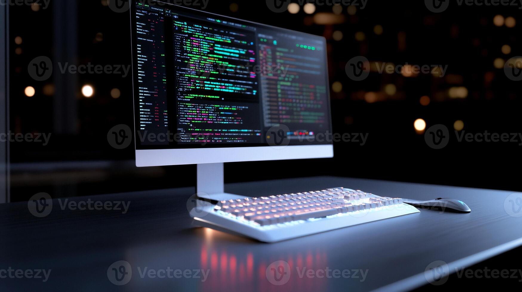 Computer coding at night, screen shows programming code, keyboard and mouse. photo