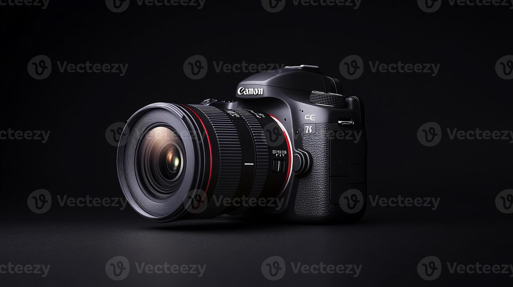 Professional DSLR camera with lens on dark background. photo