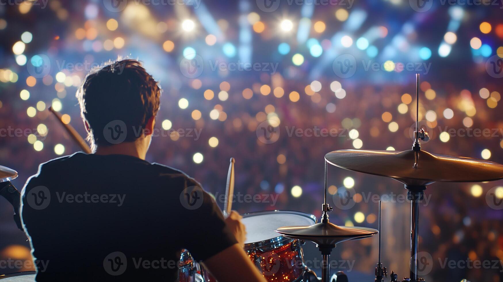 A drummer playing drums in front of a crowd photo