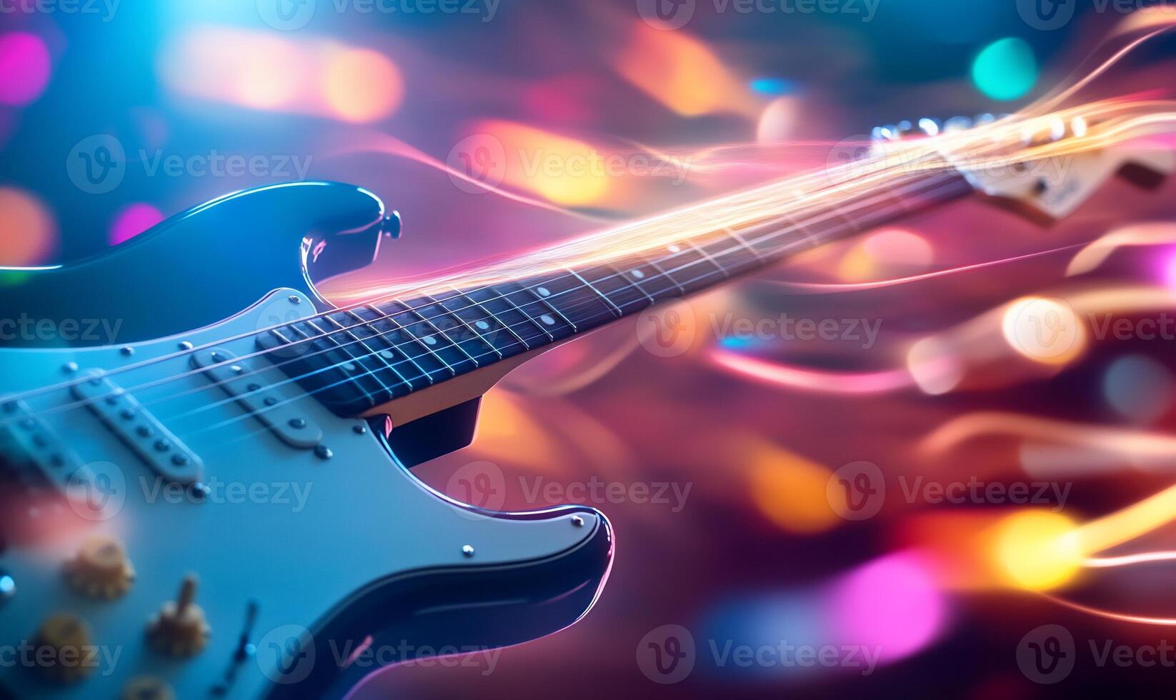 An electric guitar is in front of a bright light photo