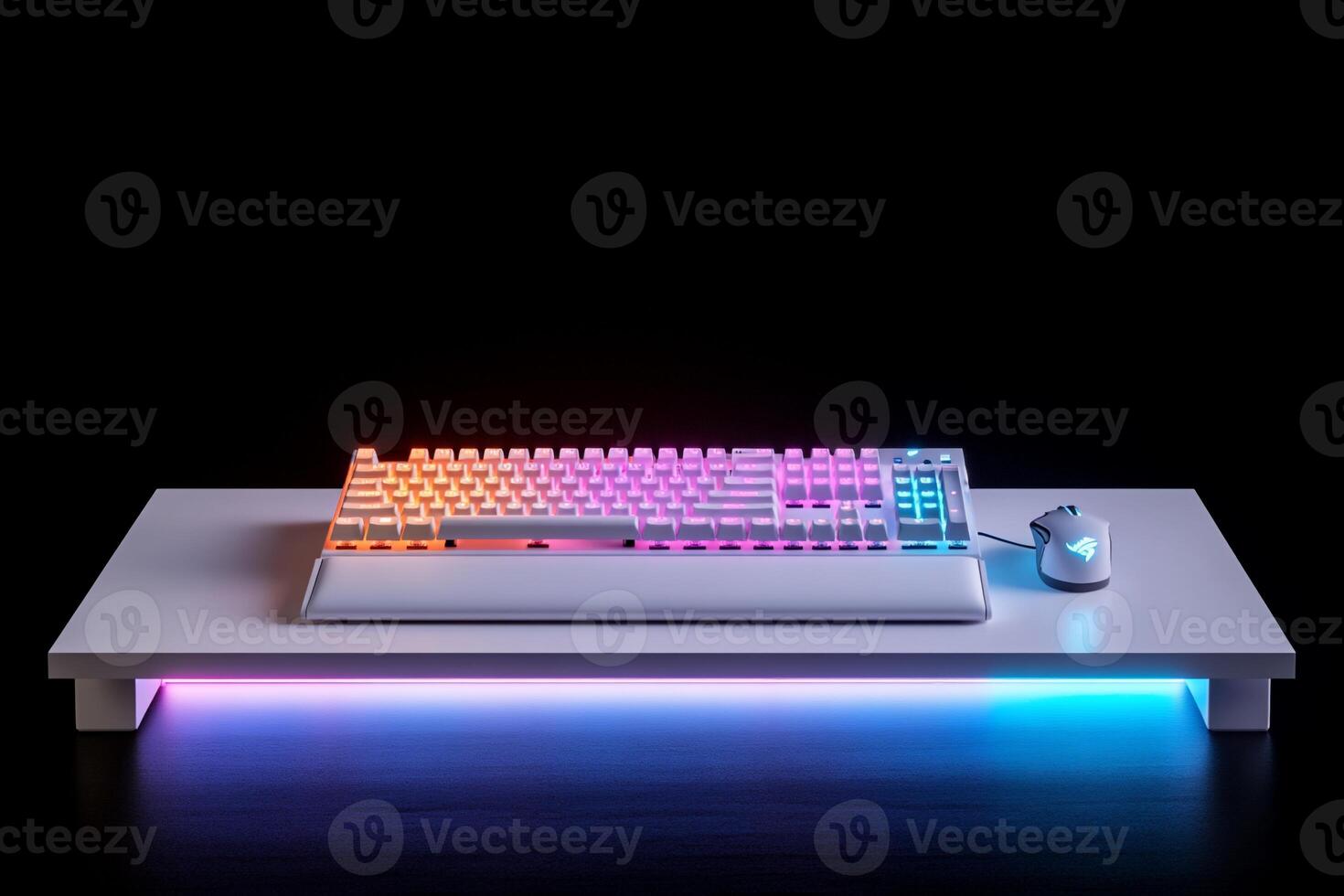 A keyboard and mouse on a white surface with colorful led lights photo