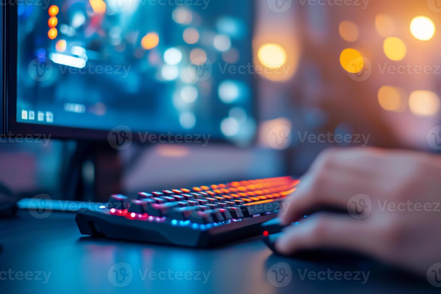 A person is using a computer mouse and keyboard photo