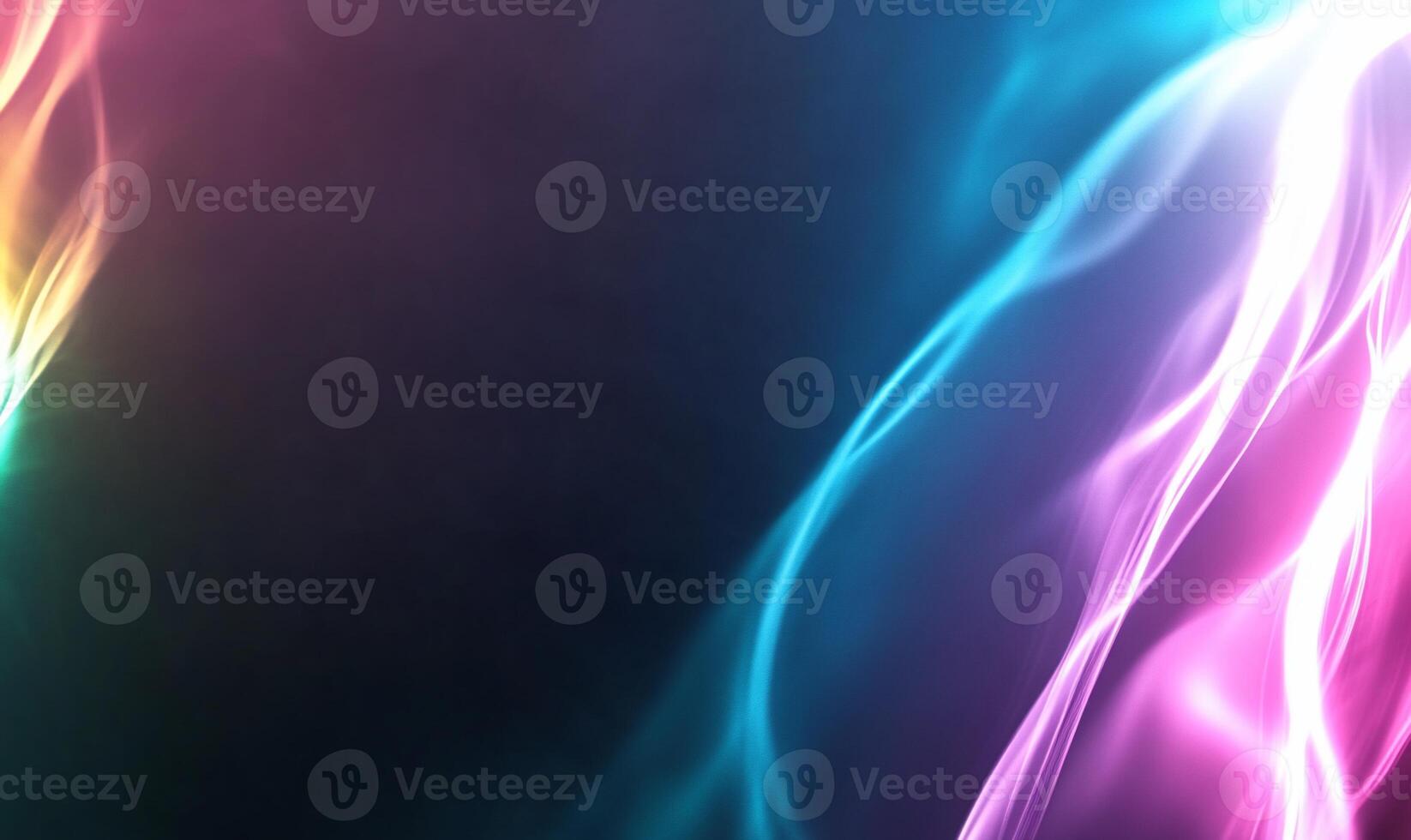 Abstract neon light waves, pink, blue, and orange glowing energy streaks on dark background. photo