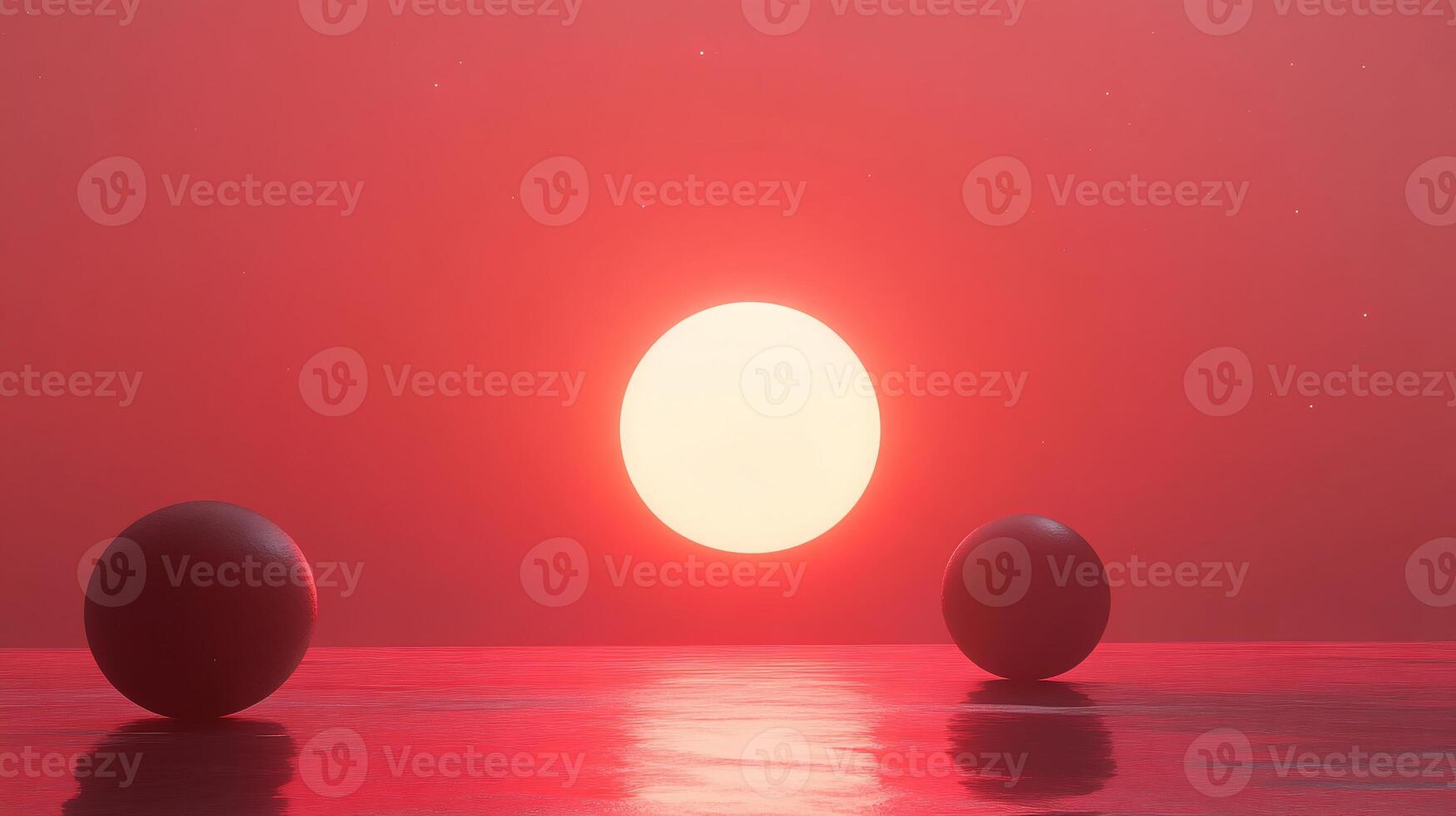 Two spheres float on calm, red water at sunset. photo