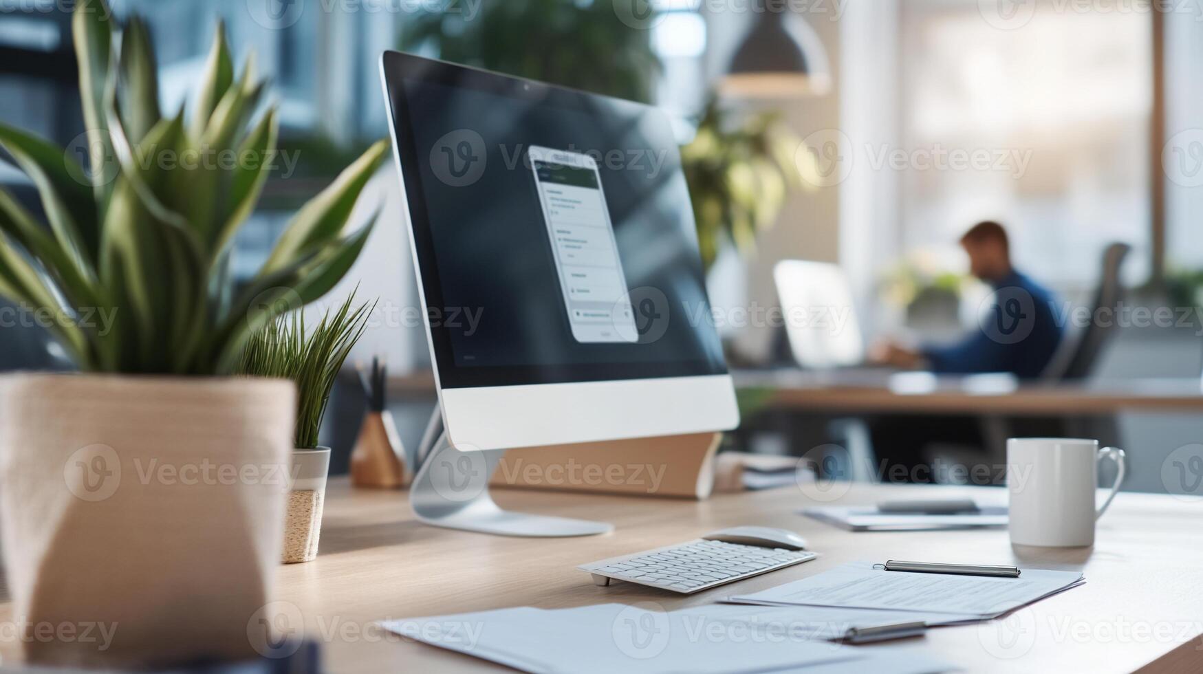 Modern office workspace with computer, documents, and plant. photo