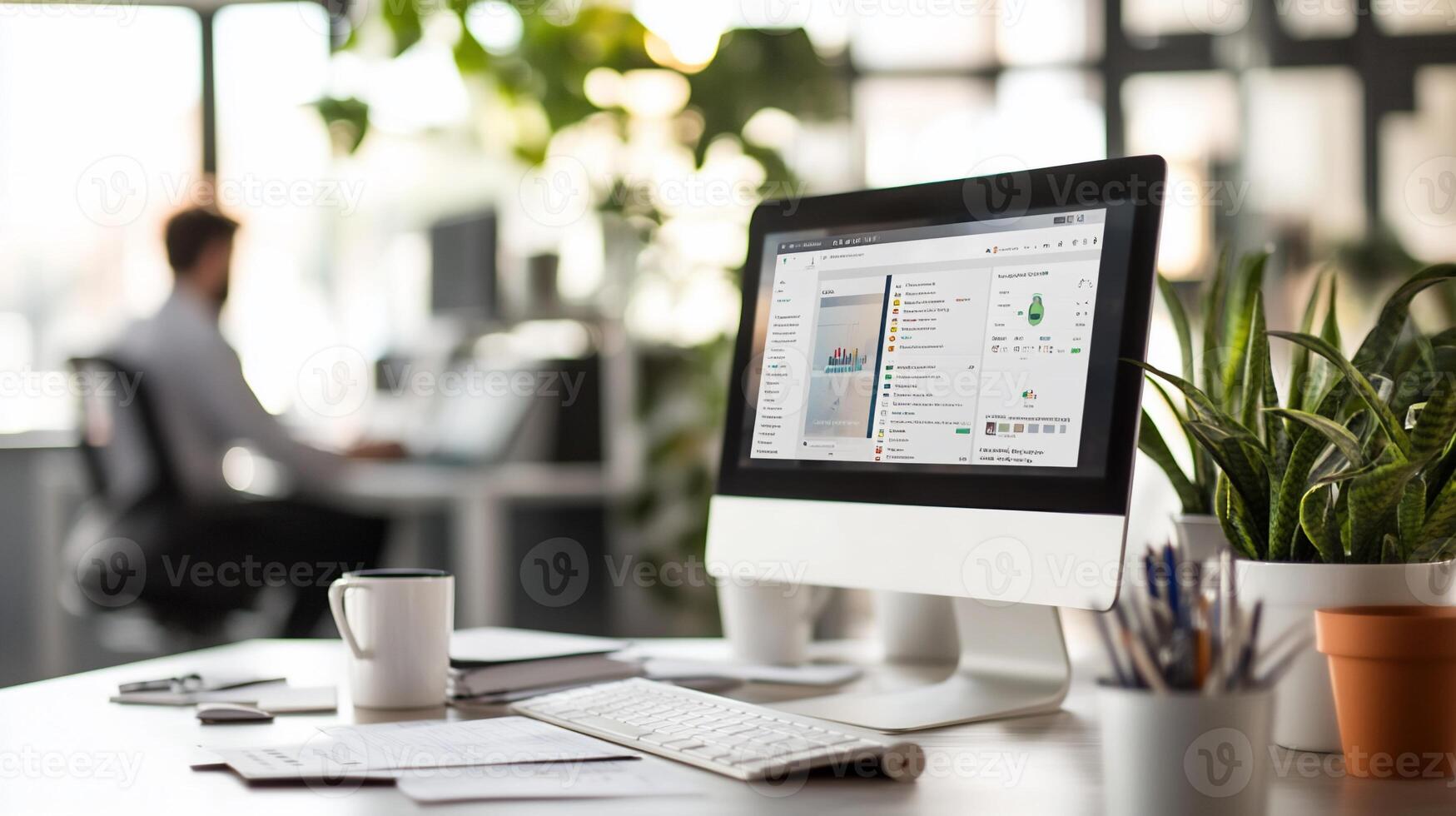 Modern office workspace with computer displaying data analytics. photo