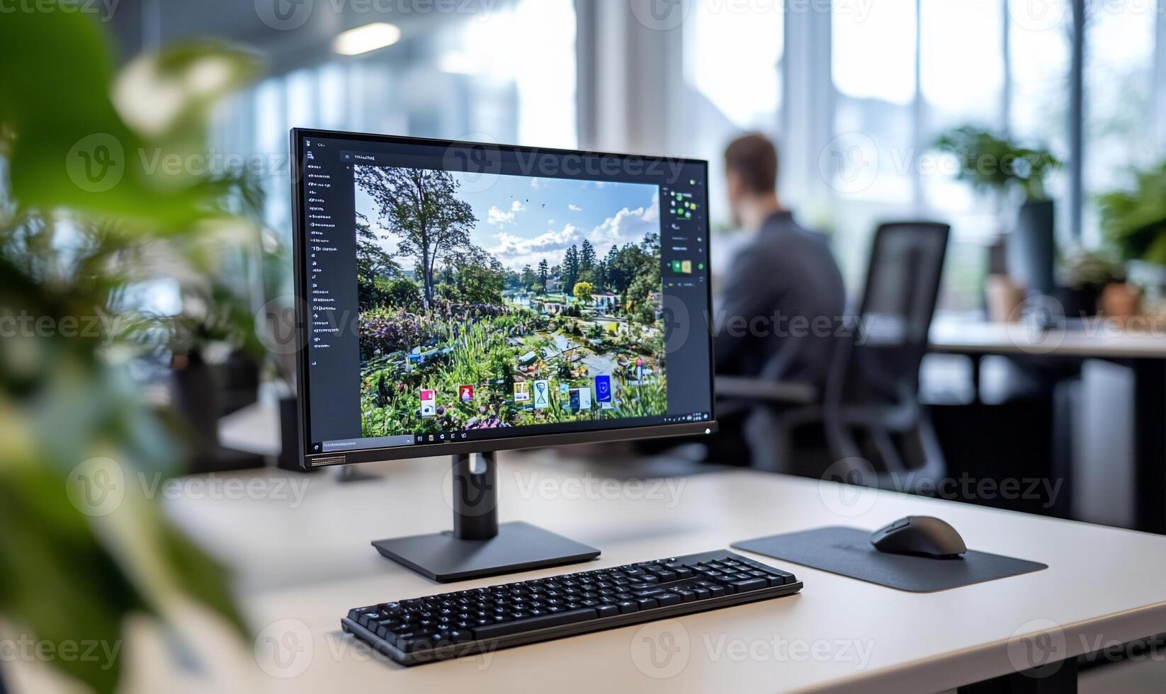 Modern office workspace with computer displaying garden image. photo