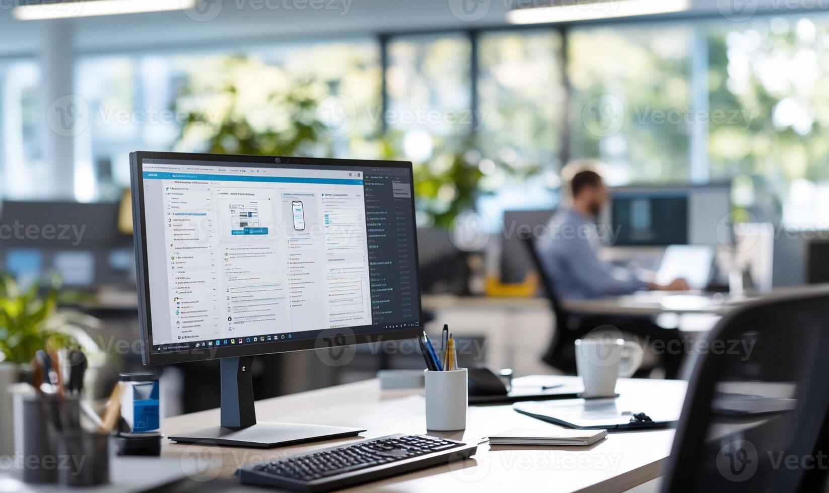 Modern office workspace with desktop computer displaying data analytics. photo