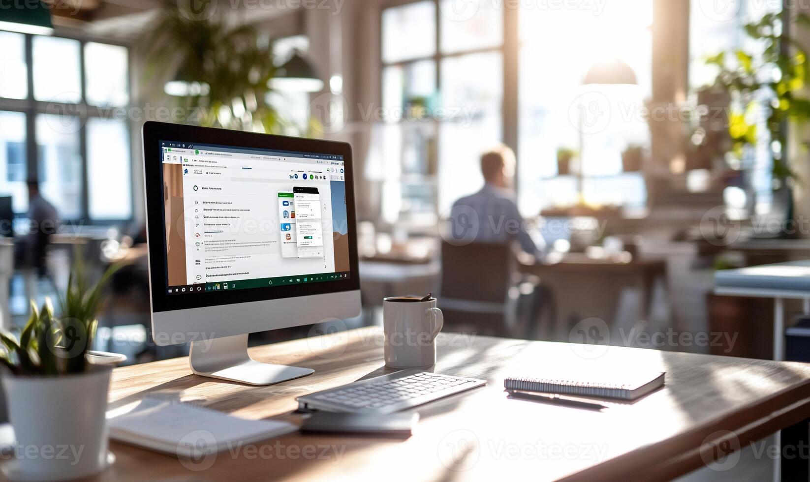 Modern workspace with computer displaying software interface. photo