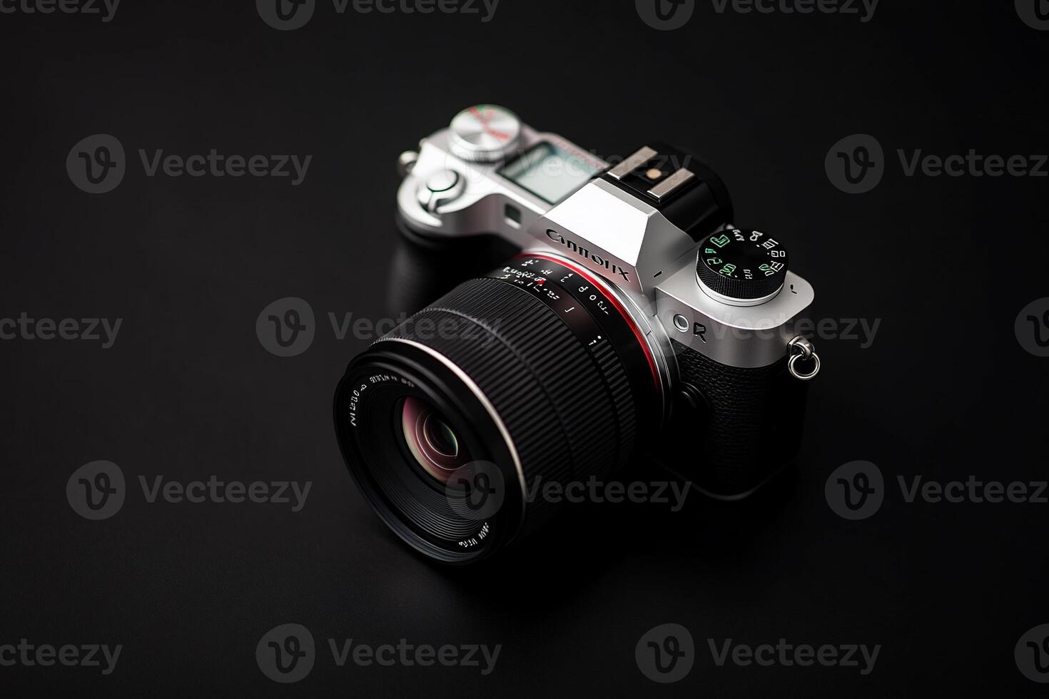 Modern mirrorless camera with lens on black background. photo