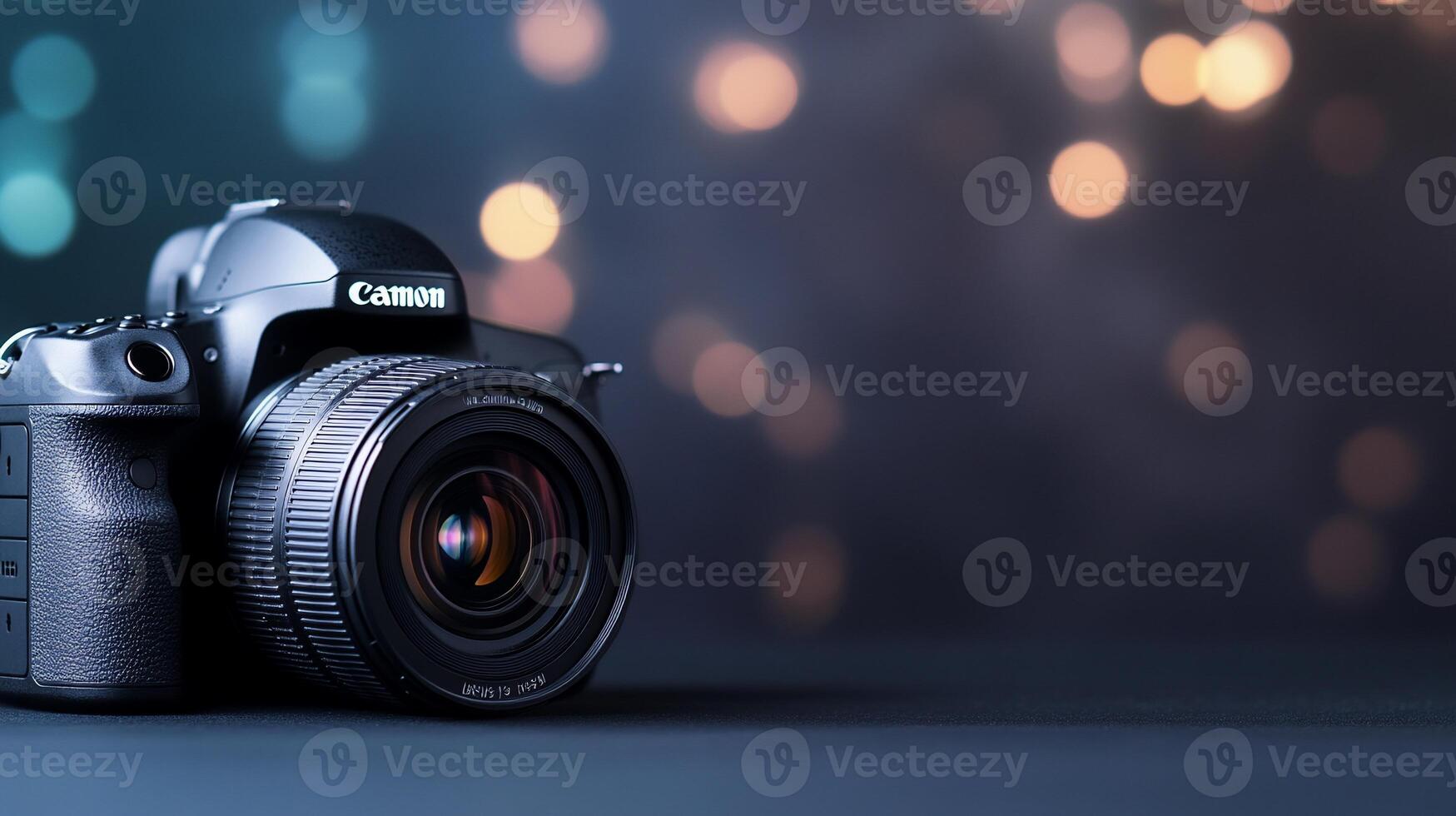 DSLR camera on dark surface with bokeh background. photo