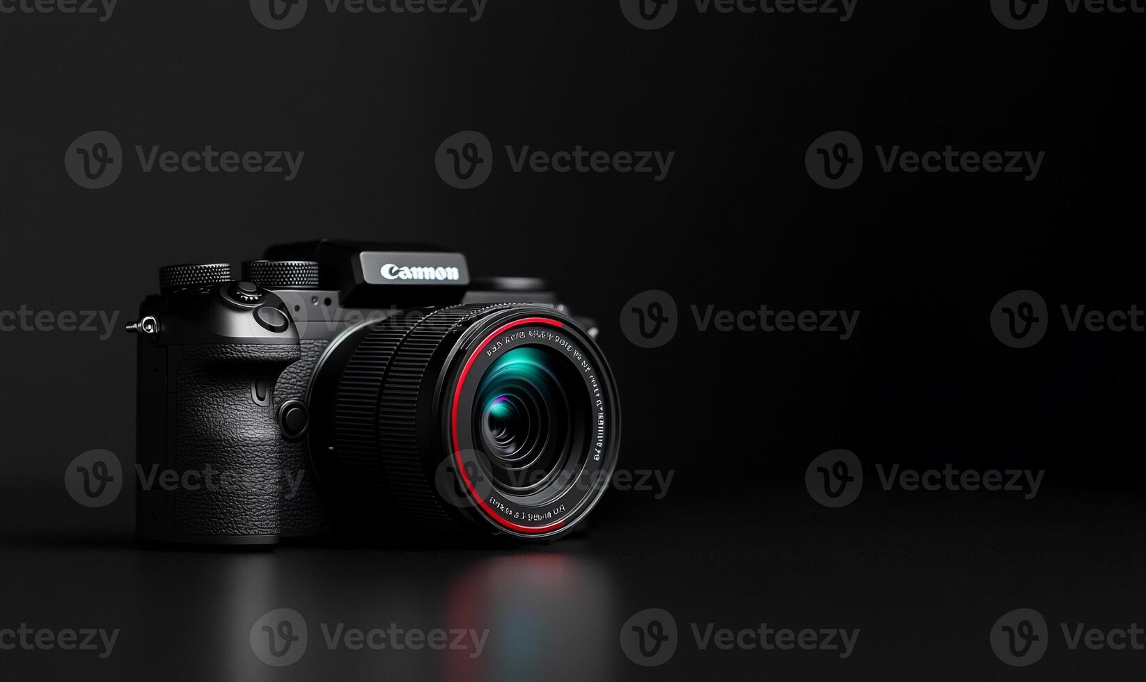 Black mirrorless camera with lens on dark background. photo