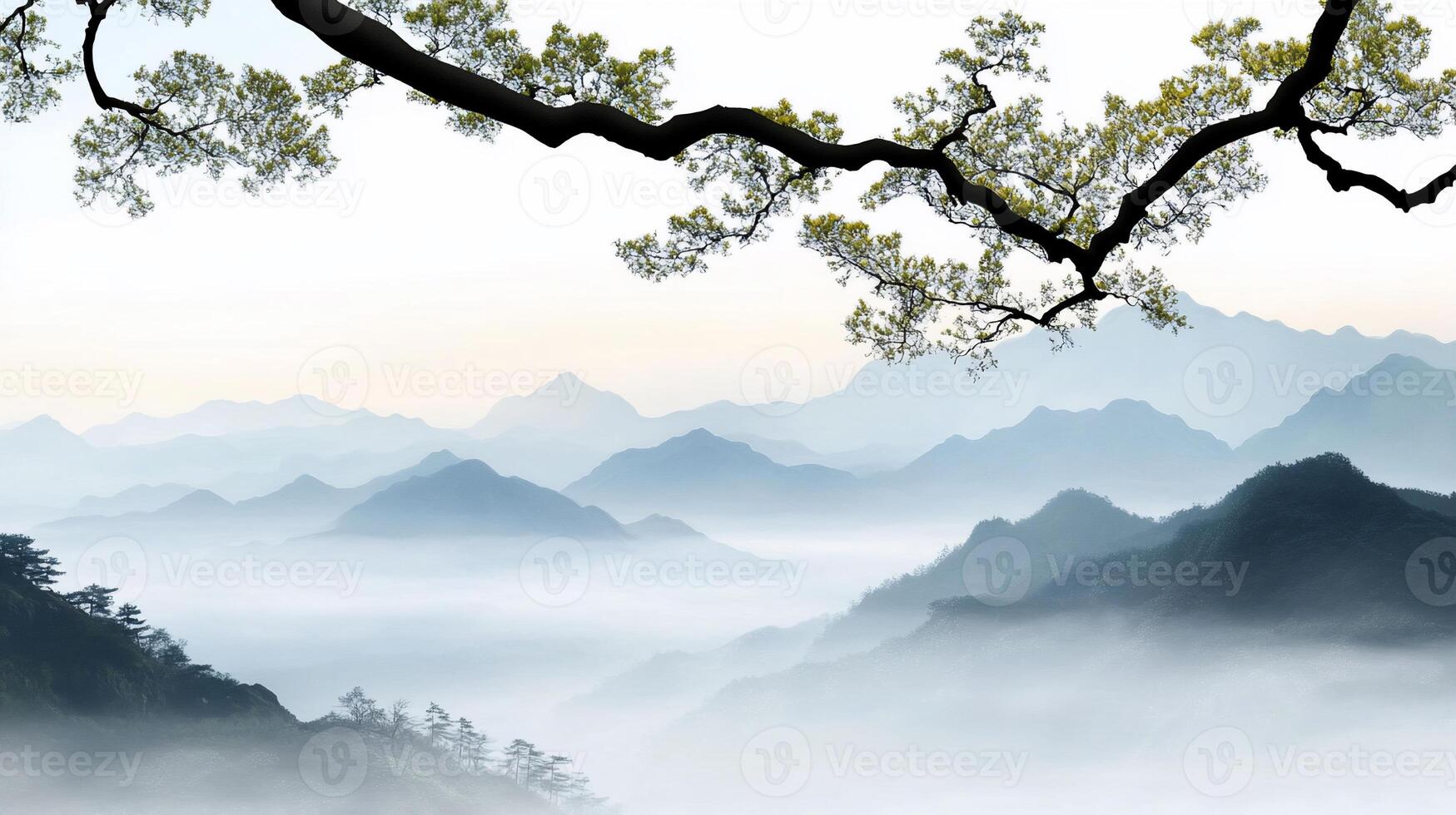Misty mountain landscape with tree branch. photo
