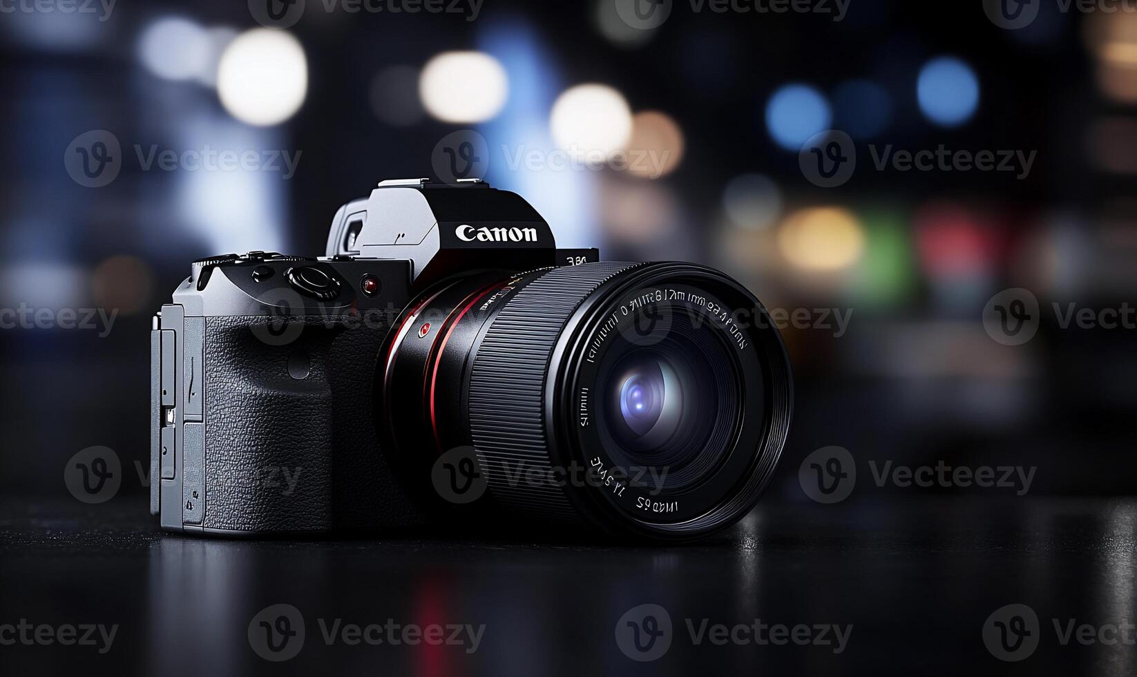 Mirrorless camera with lens on dark surface, bokeh background. photo