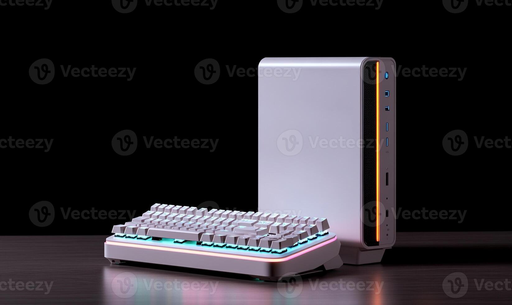 Sleek white PC tower and RGB keyboard on dark wood. photo