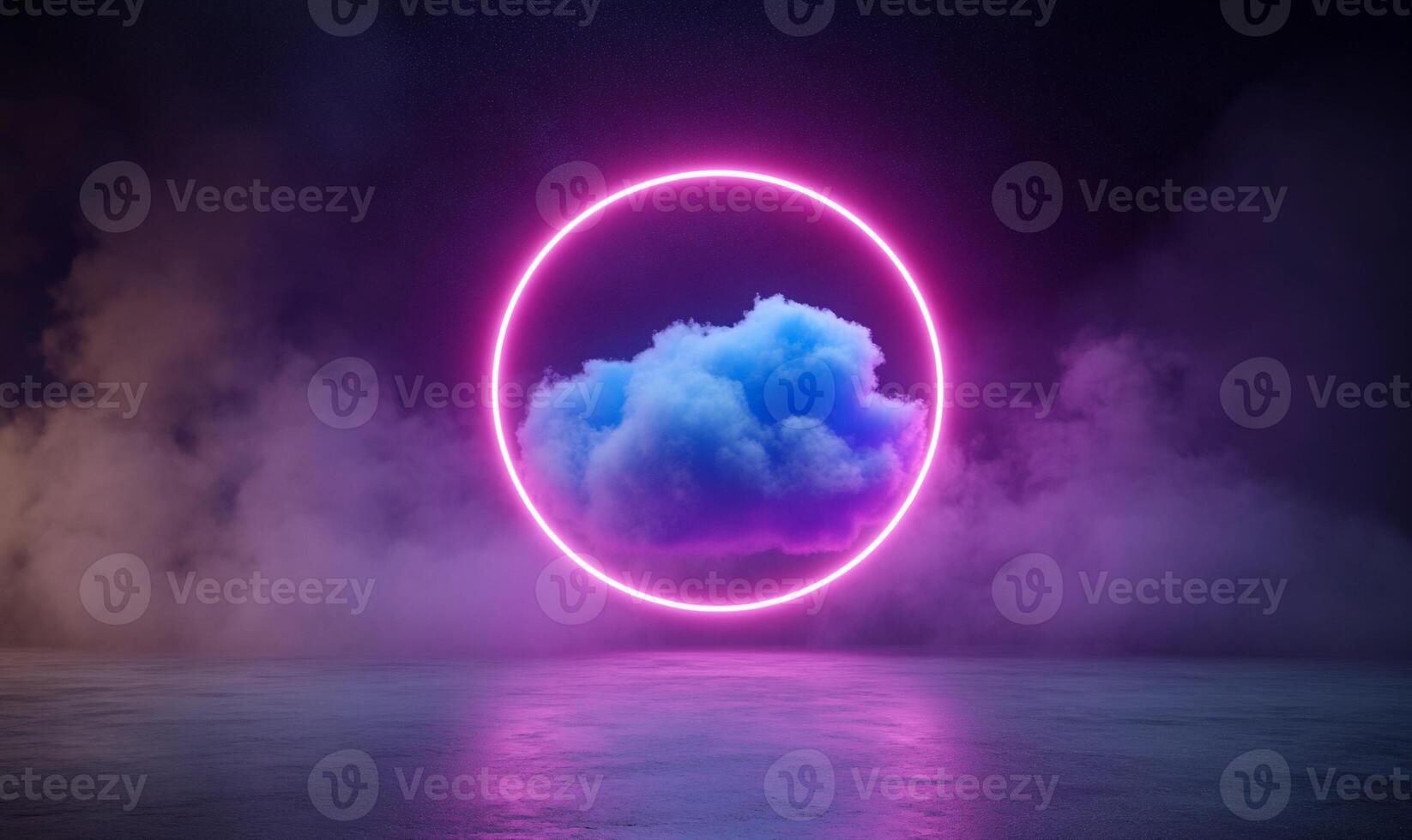 Glowing neon circle encompassing a cloud in a smoky environment. photo