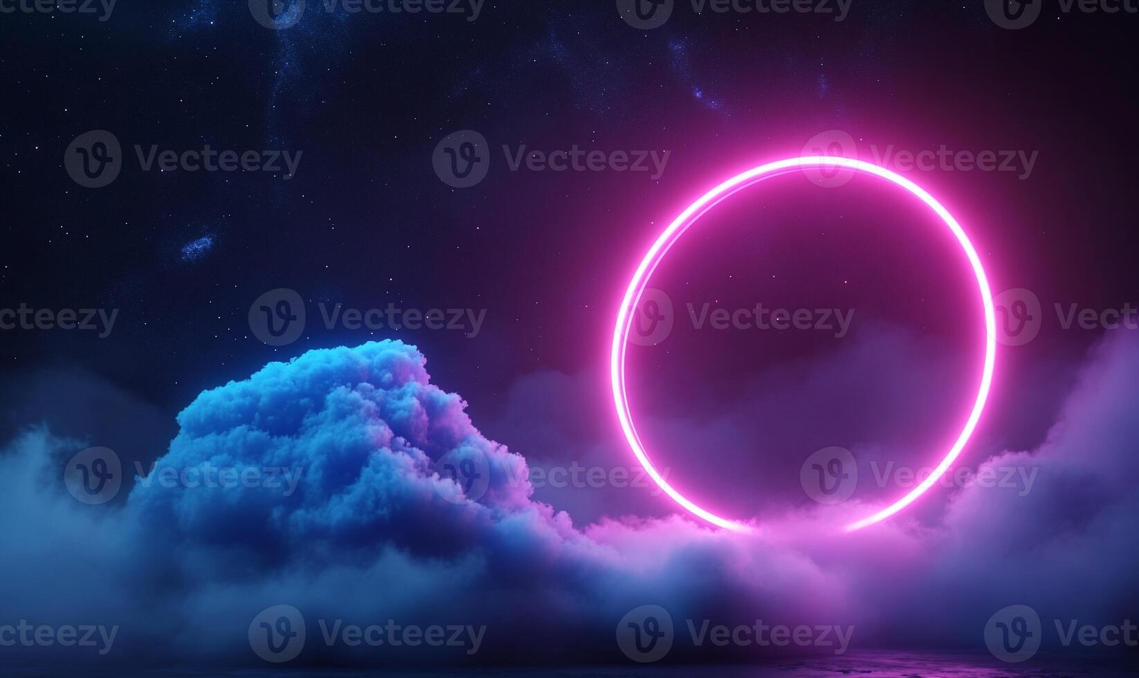 Pink neon circle above clouds at night. photo