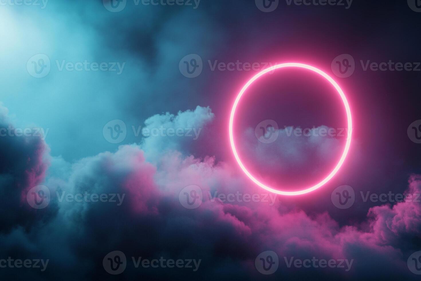 Pink neon circle in a dark cloudy sky. photo
