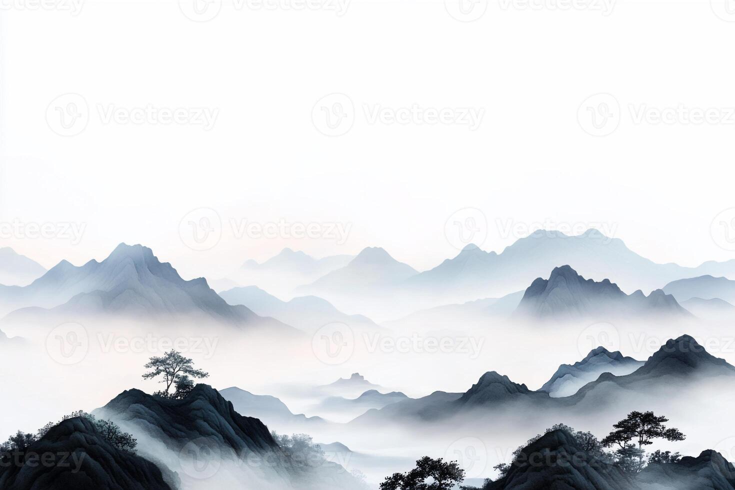 Misty mountain range landscape, serene, tranquil, Asian-inspired art. photo