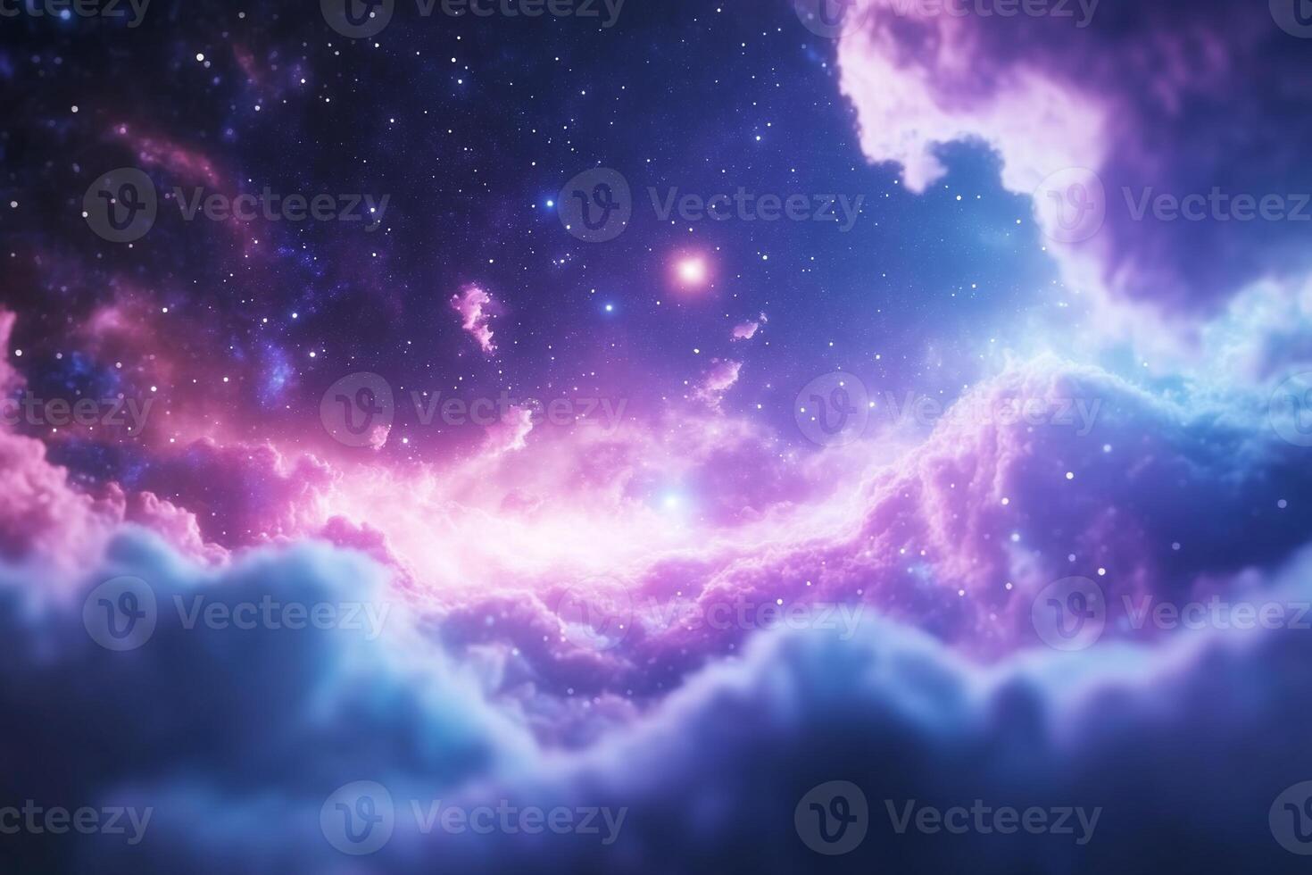 Dreamlike cosmic cloudscape with vibrant nebulae, stars, and celestial glow. photo