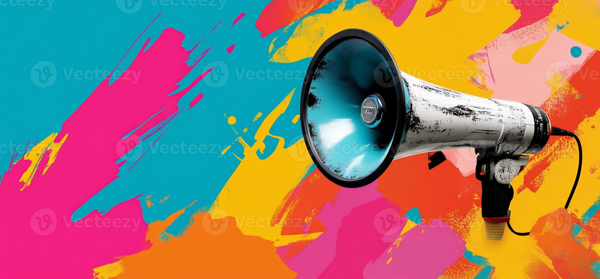 Colorful megaphone announcement against abstract paint splatters. photo