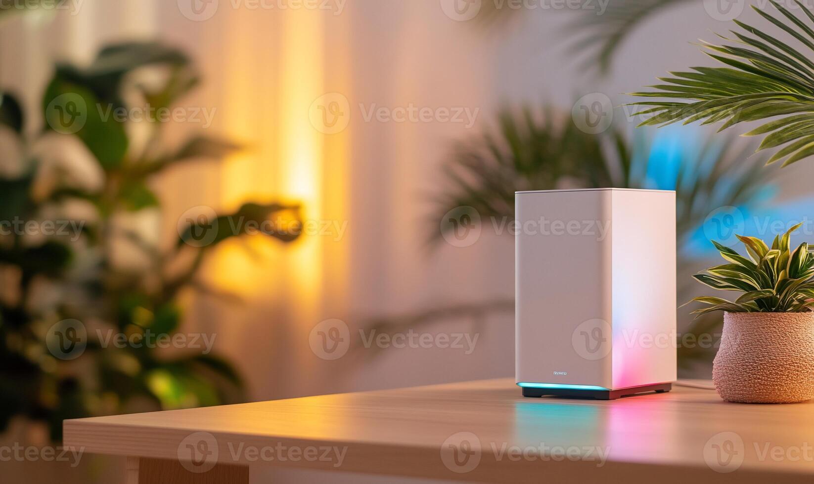 White smart home device on wooden table with plants. photo