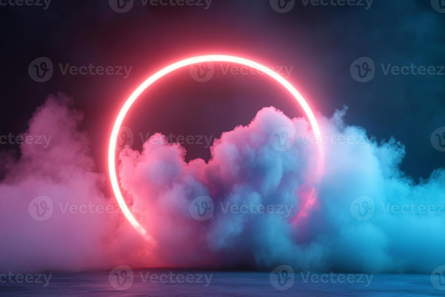 Glowing neon circle in smoky atmosphere. photo