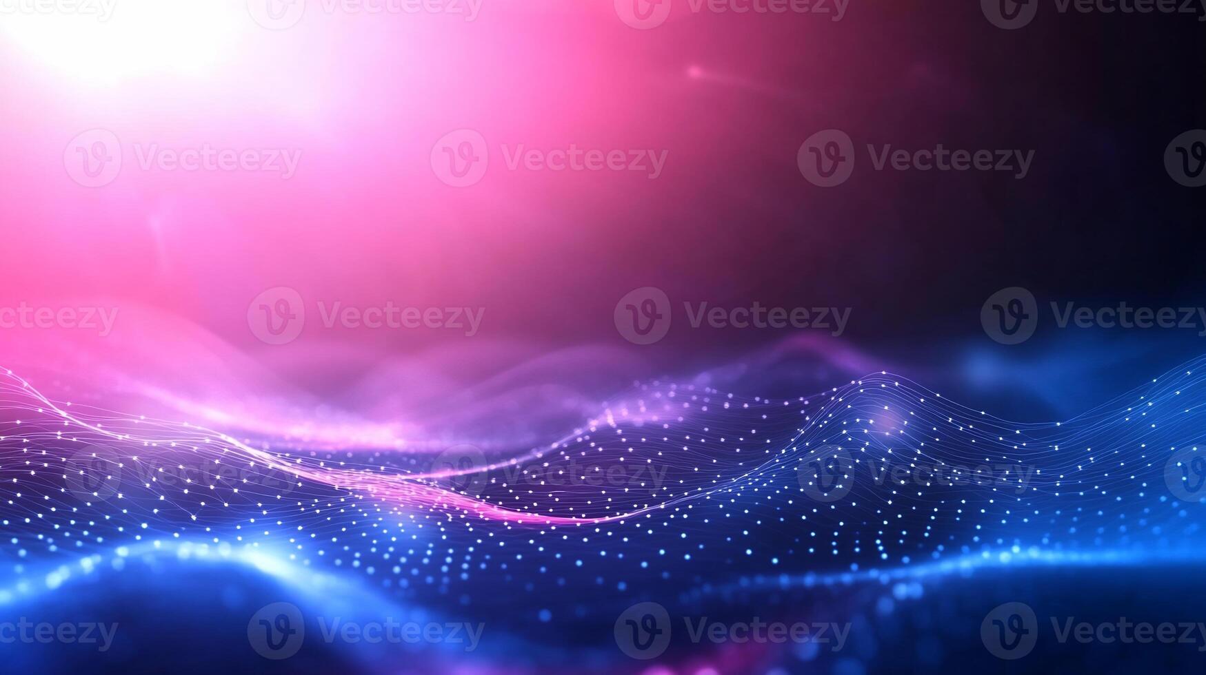 Abstract pink and blue wave background with glowing particles. photo