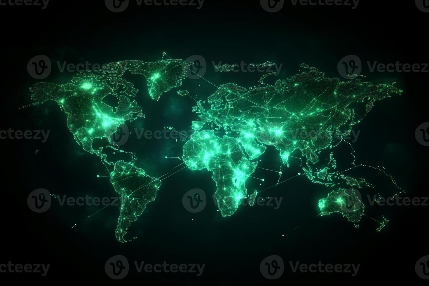 Glowing green world map with interconnected nodes representing global network. photo