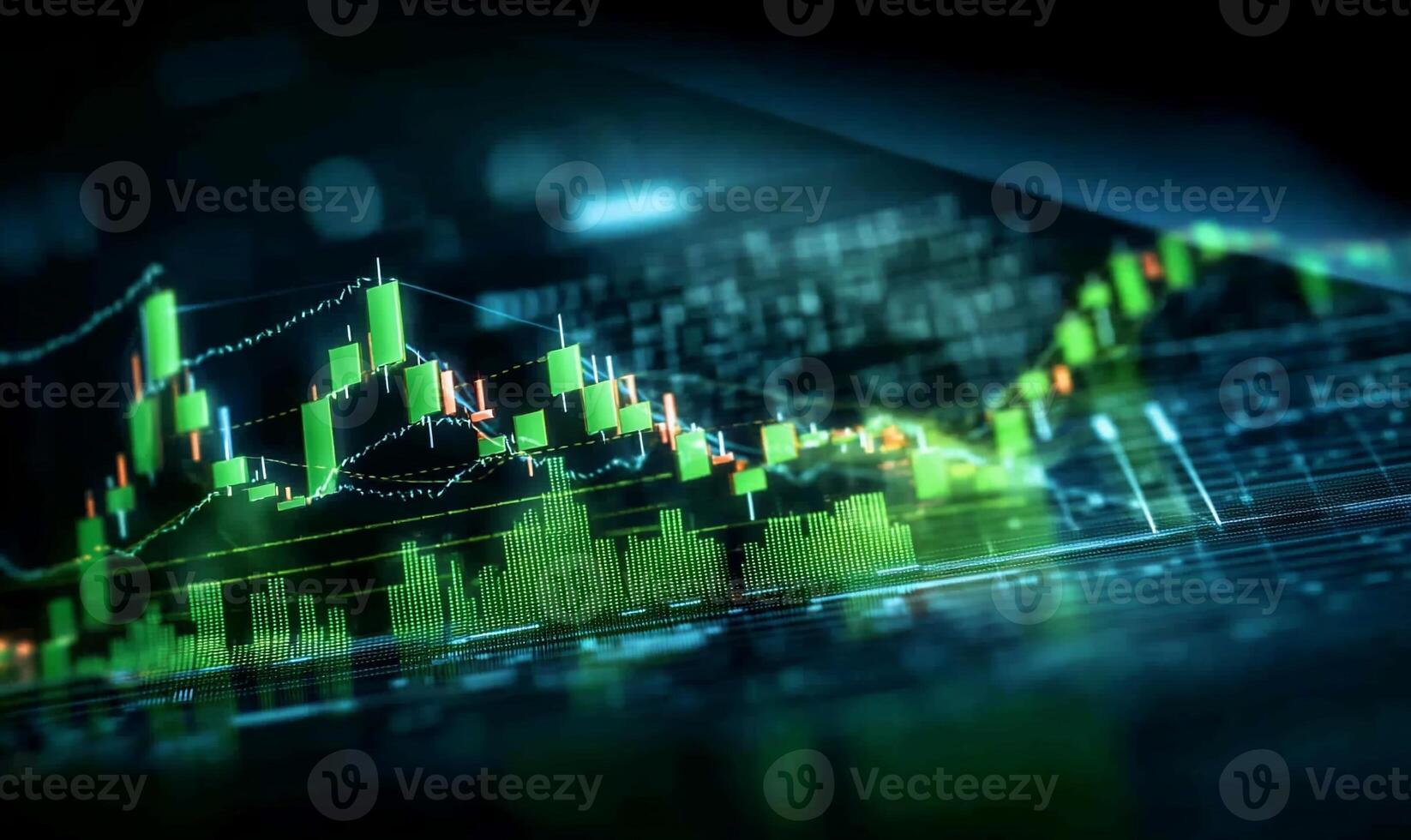 Abstract financial data visualization with candlestick charts and graphs showing market trends and fluctuations. photo