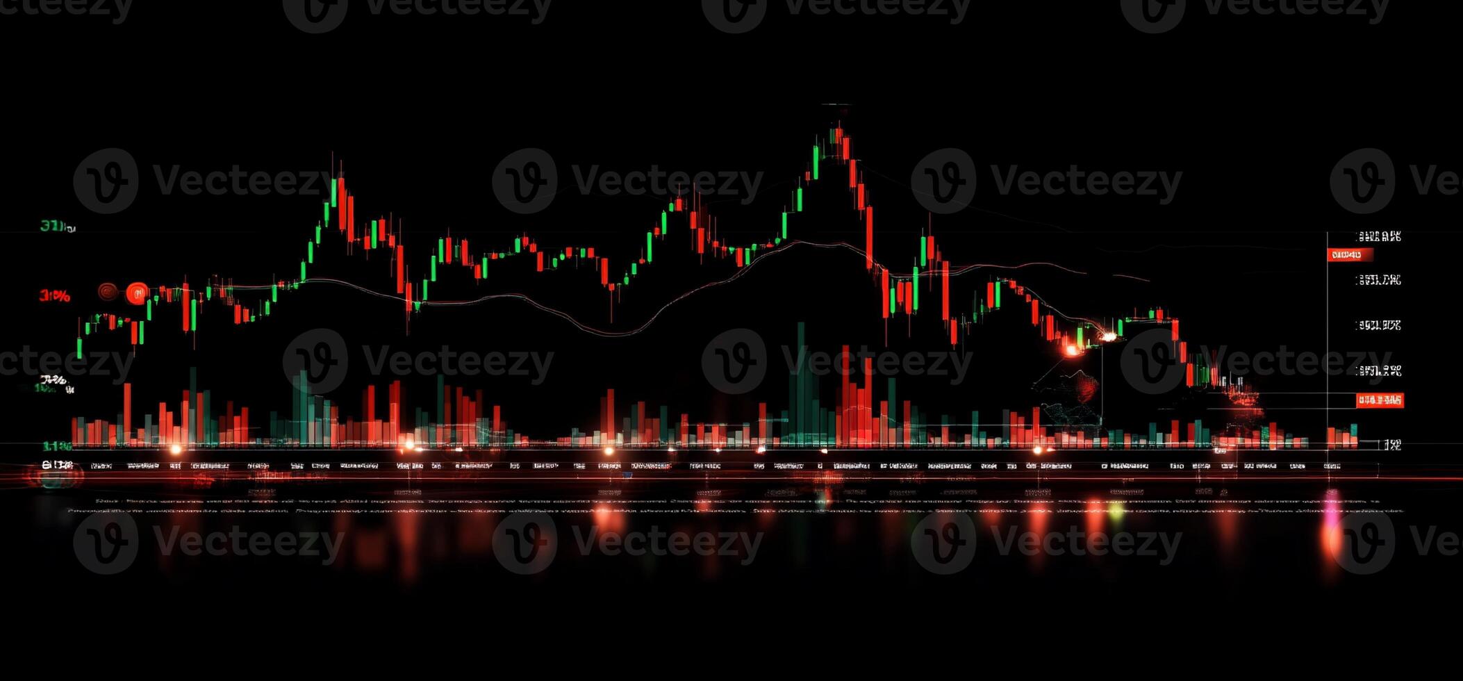 Cryptocurrency market chart with candlestick and line graph showing price fluctuations and trading volume. photo