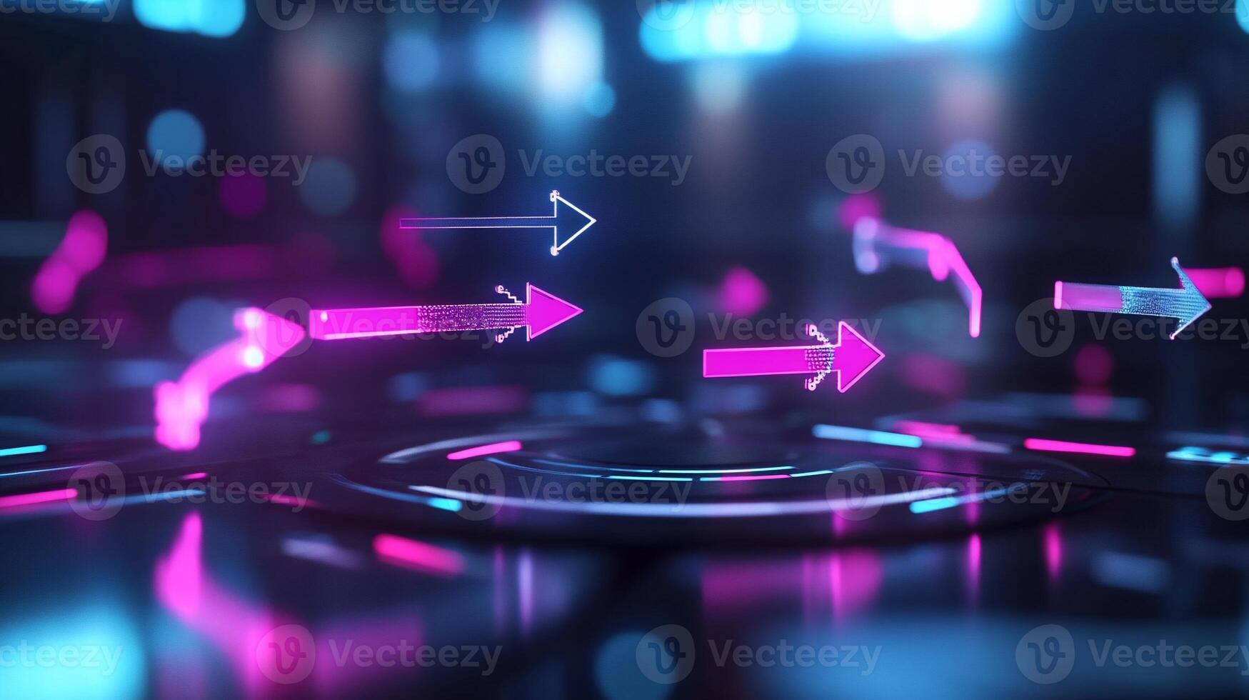 Abstract neon arrows flow on digital interface. photo