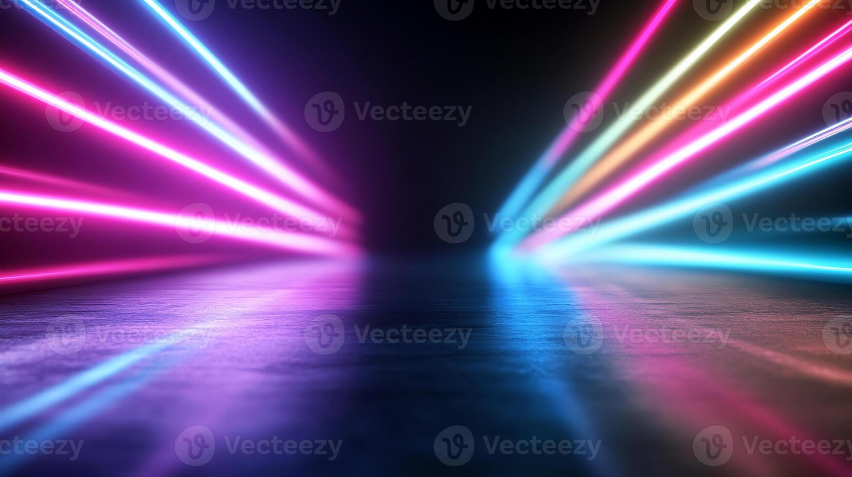 Vibrant neon light streaks converge on reflective surface. photo