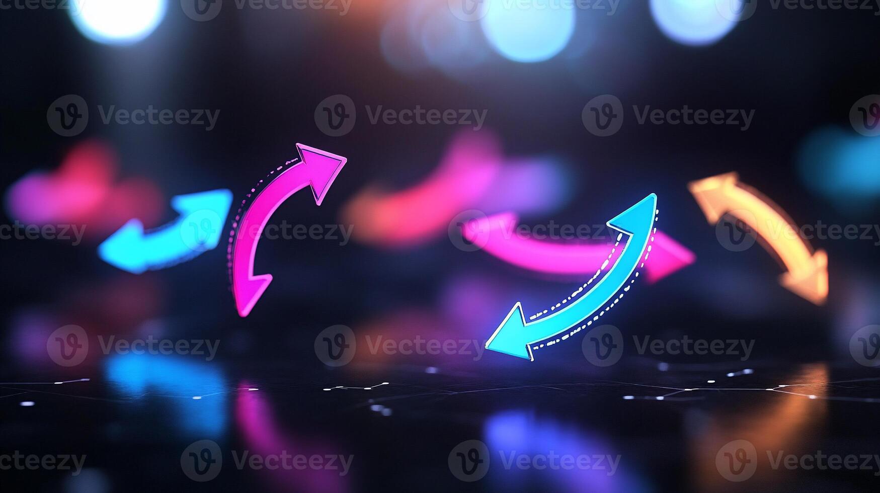 Neon arrows floating in dark space, digital concept. photo