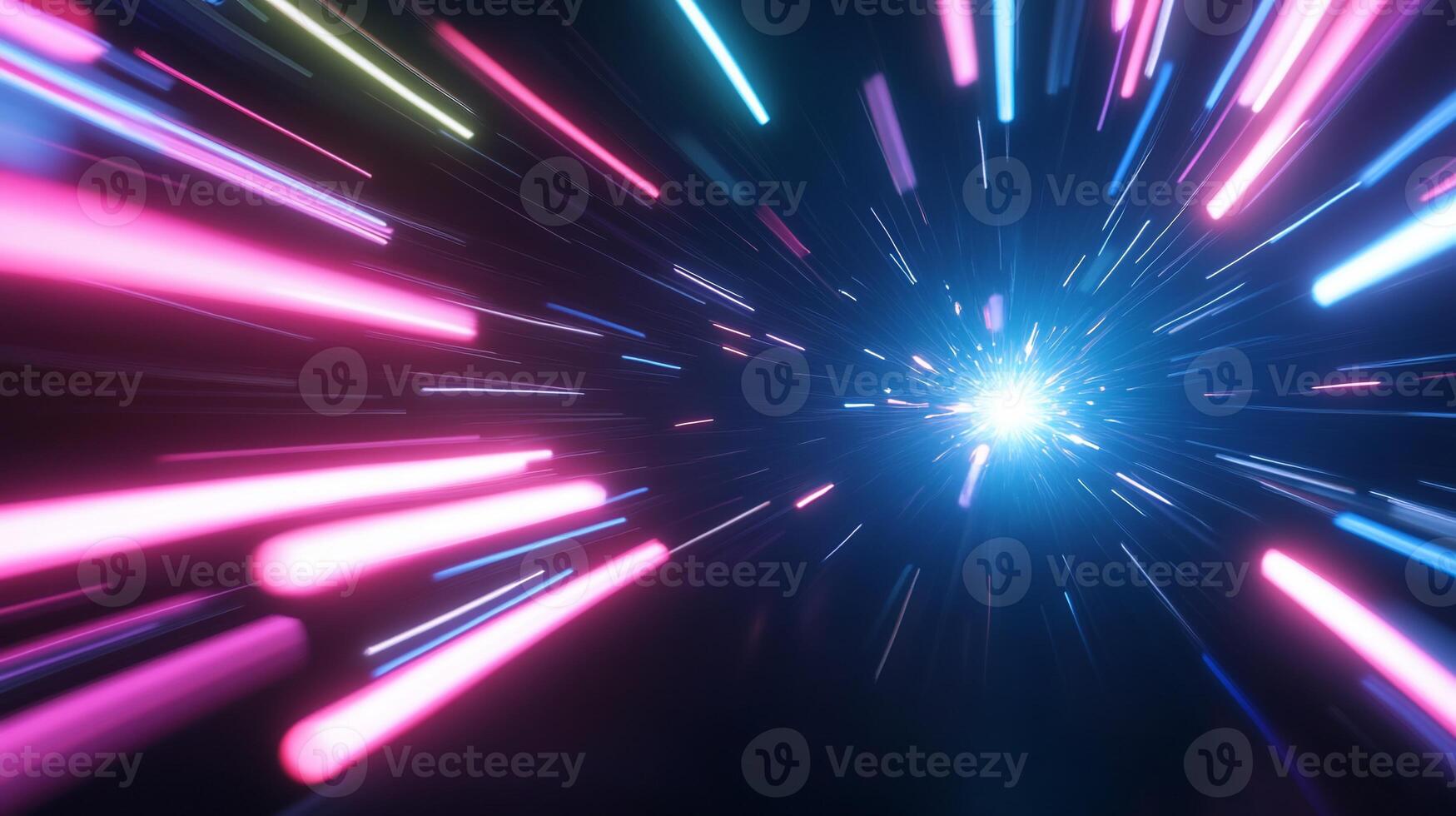 Abstract neon light streaks converging towards a bright center, creating a dynamic, futuristic hyperspace tunnel effect. photo