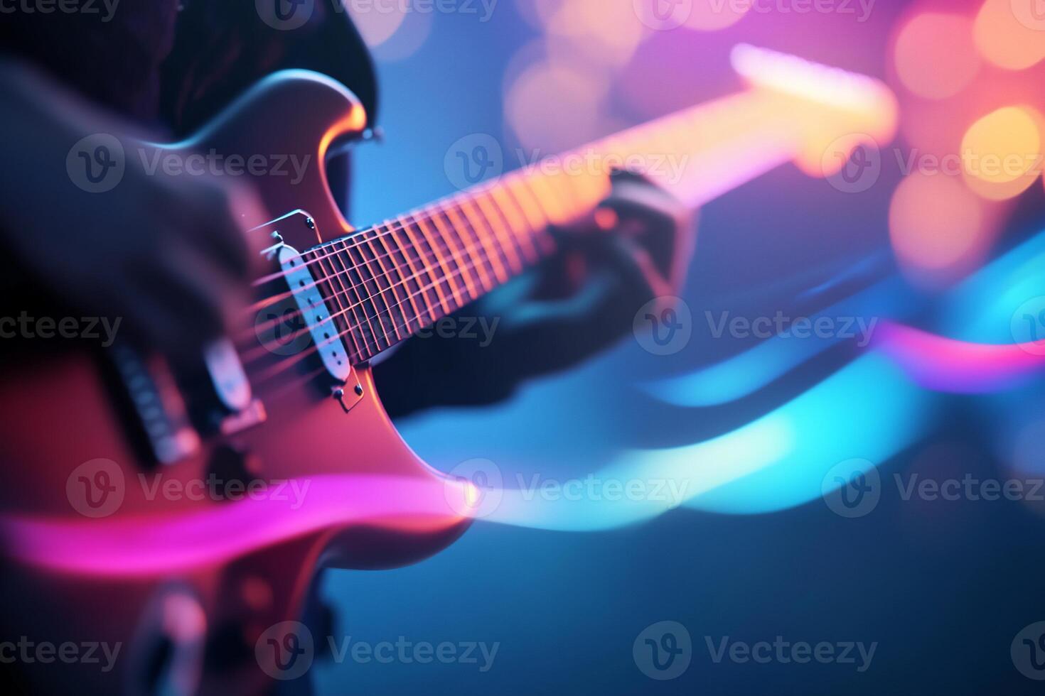 Close-up of hands playing electric guitar in vibrant neon light. photo