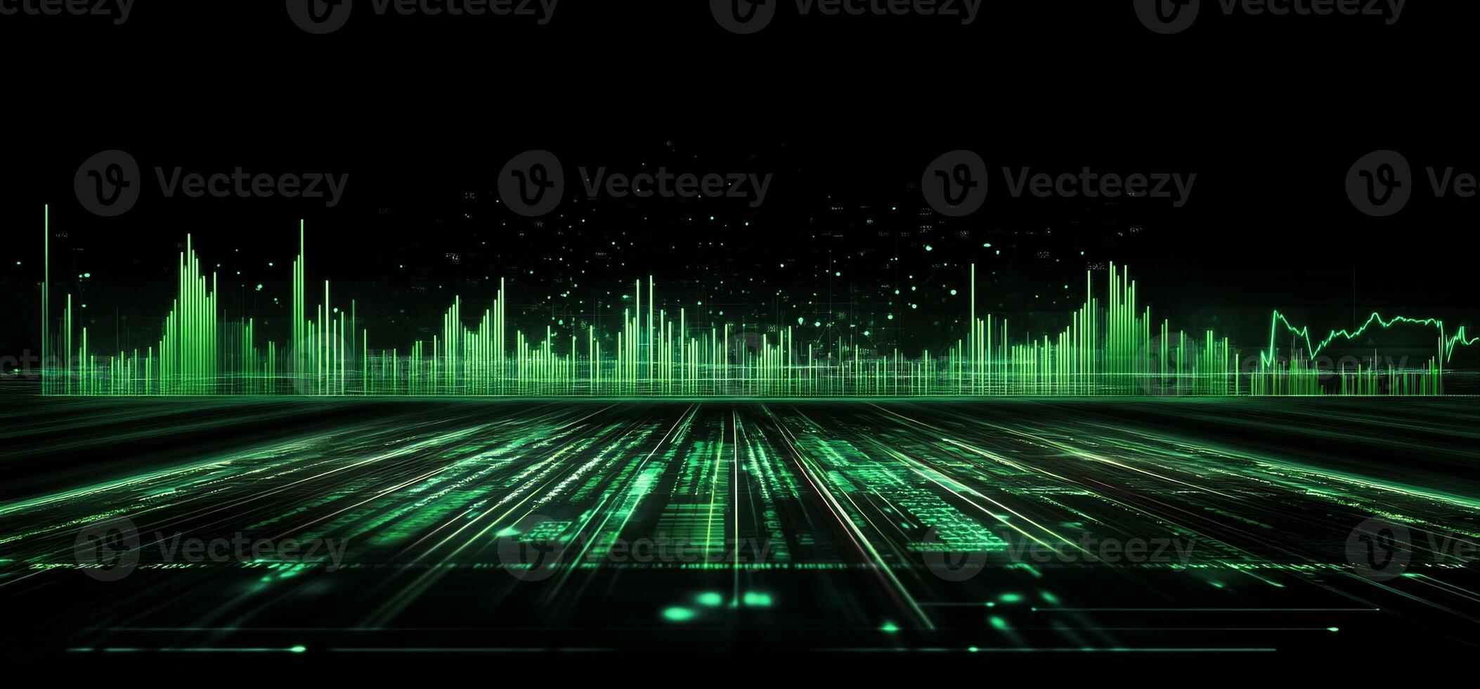 Futuristic green digital data stream with glowing lines and particles. photo