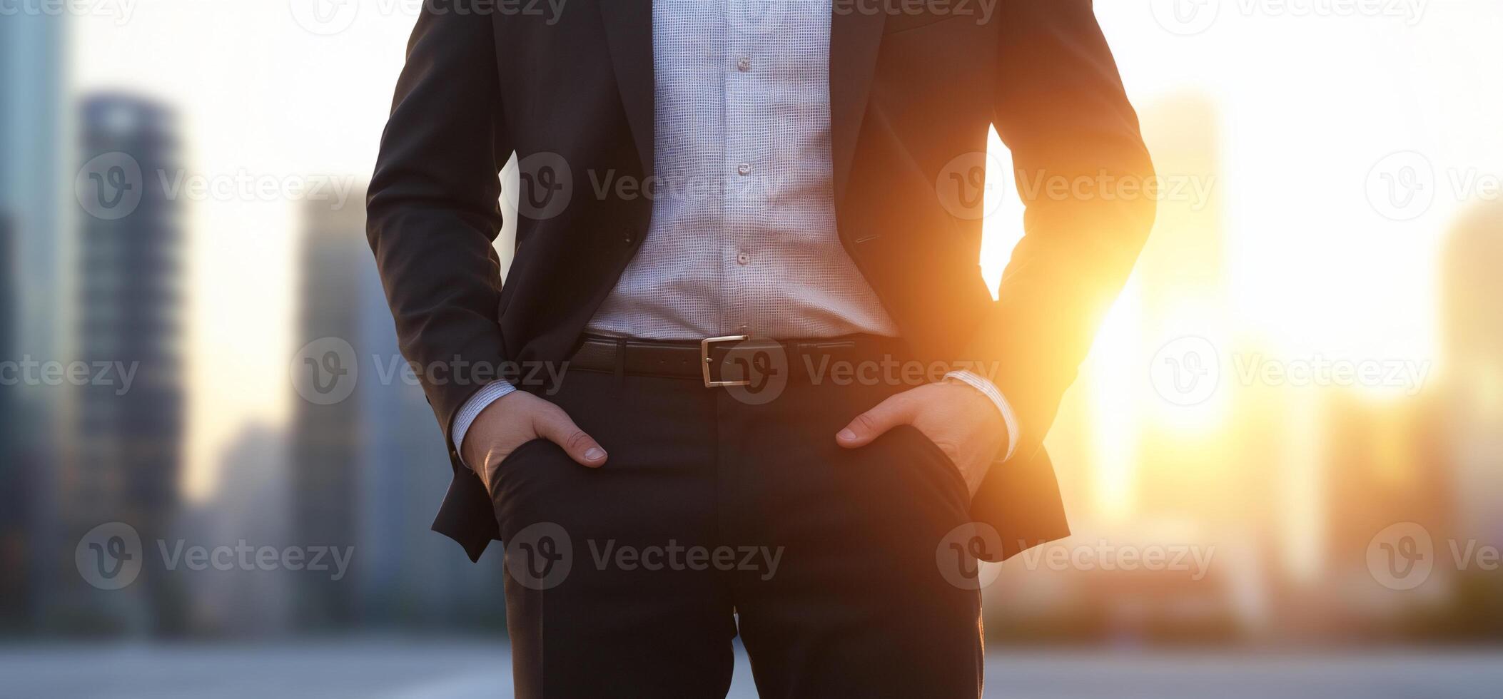 Confident businessman standing in city sunset. photo