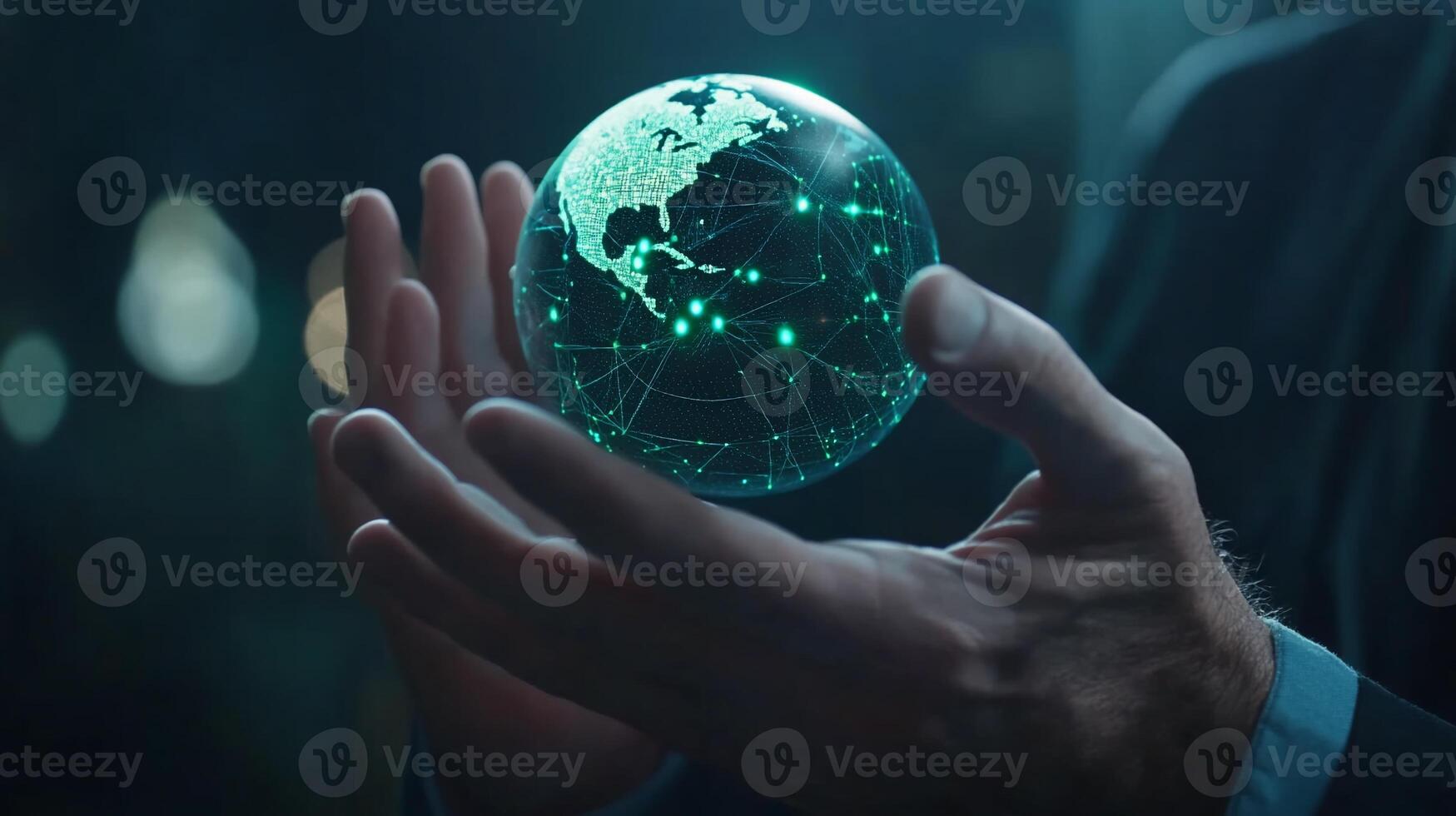 Man's hands cradling a glowing digital globe representing global network connections. photo