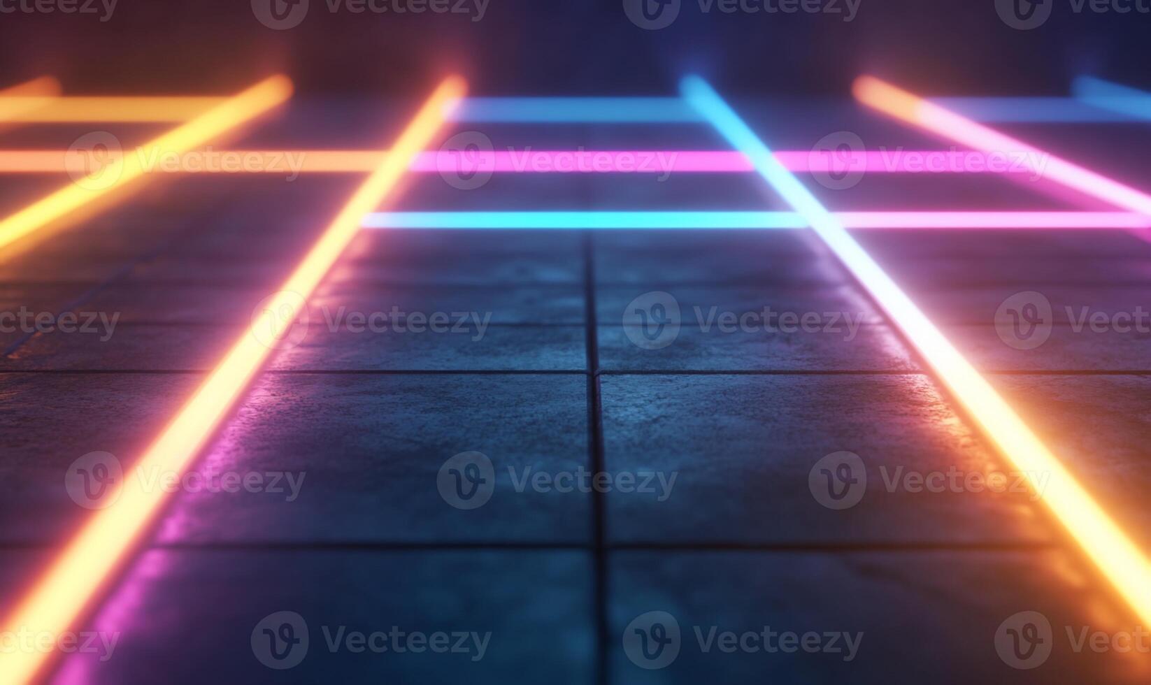 Vibrant neon lines intersect on dark floor. photo