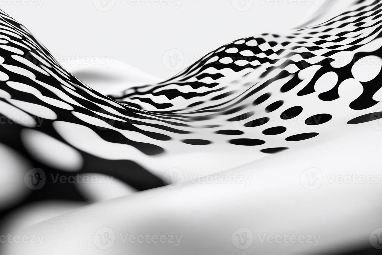 Abstract black and white wavy surface with polka dot and checkered patterns. photo